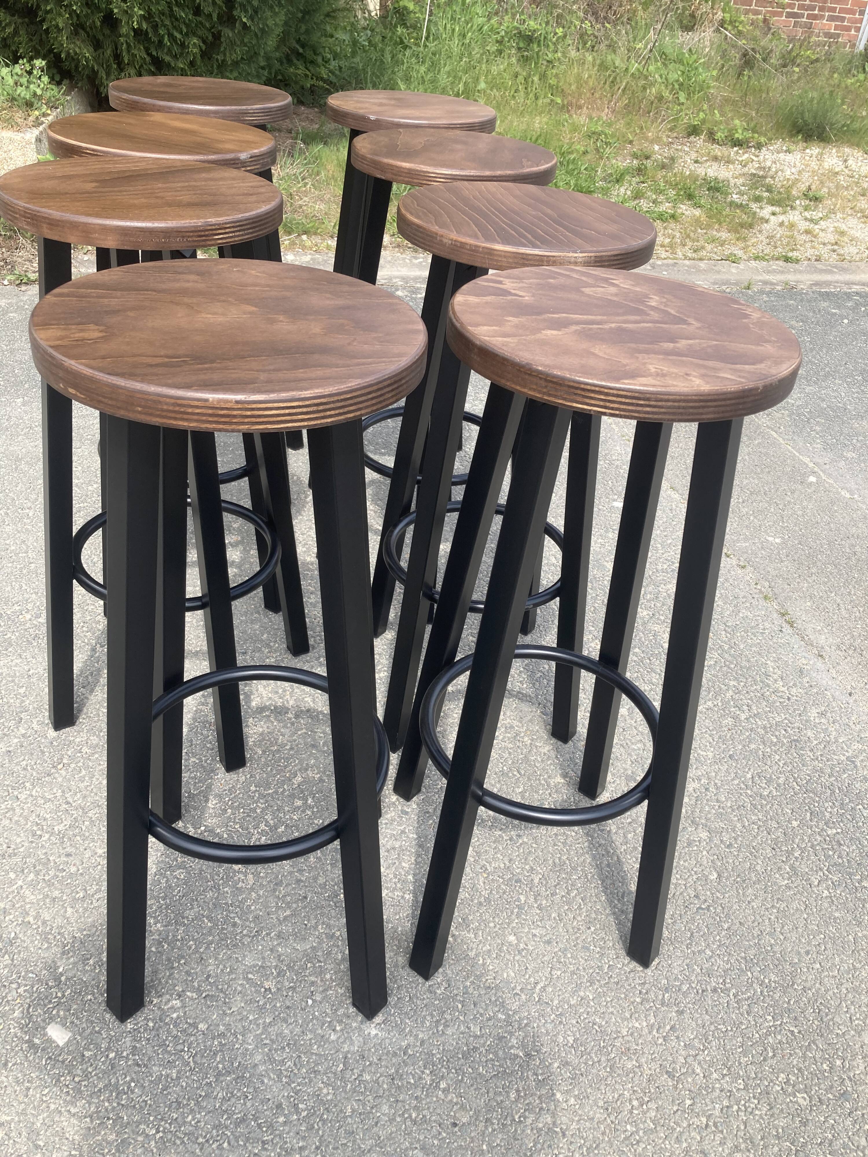 Set of 8 industrial bar stools.