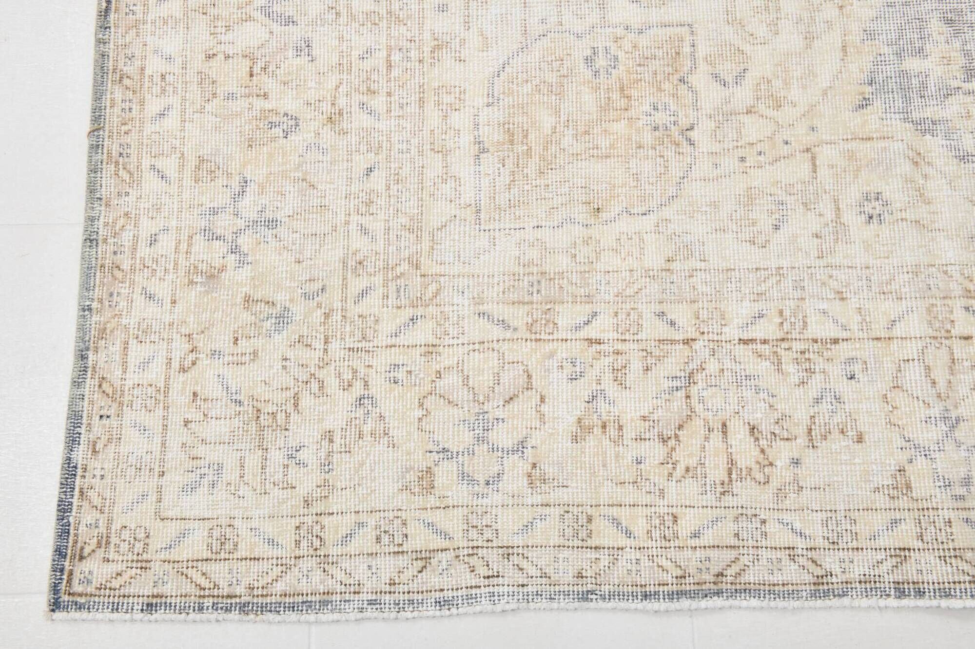 Vintage Light Blue & Cream Turkish Rug, Oriental Pattern Bedroom Carpet