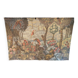 Large greenery tapestry at the castle, medieval deer hunting scene