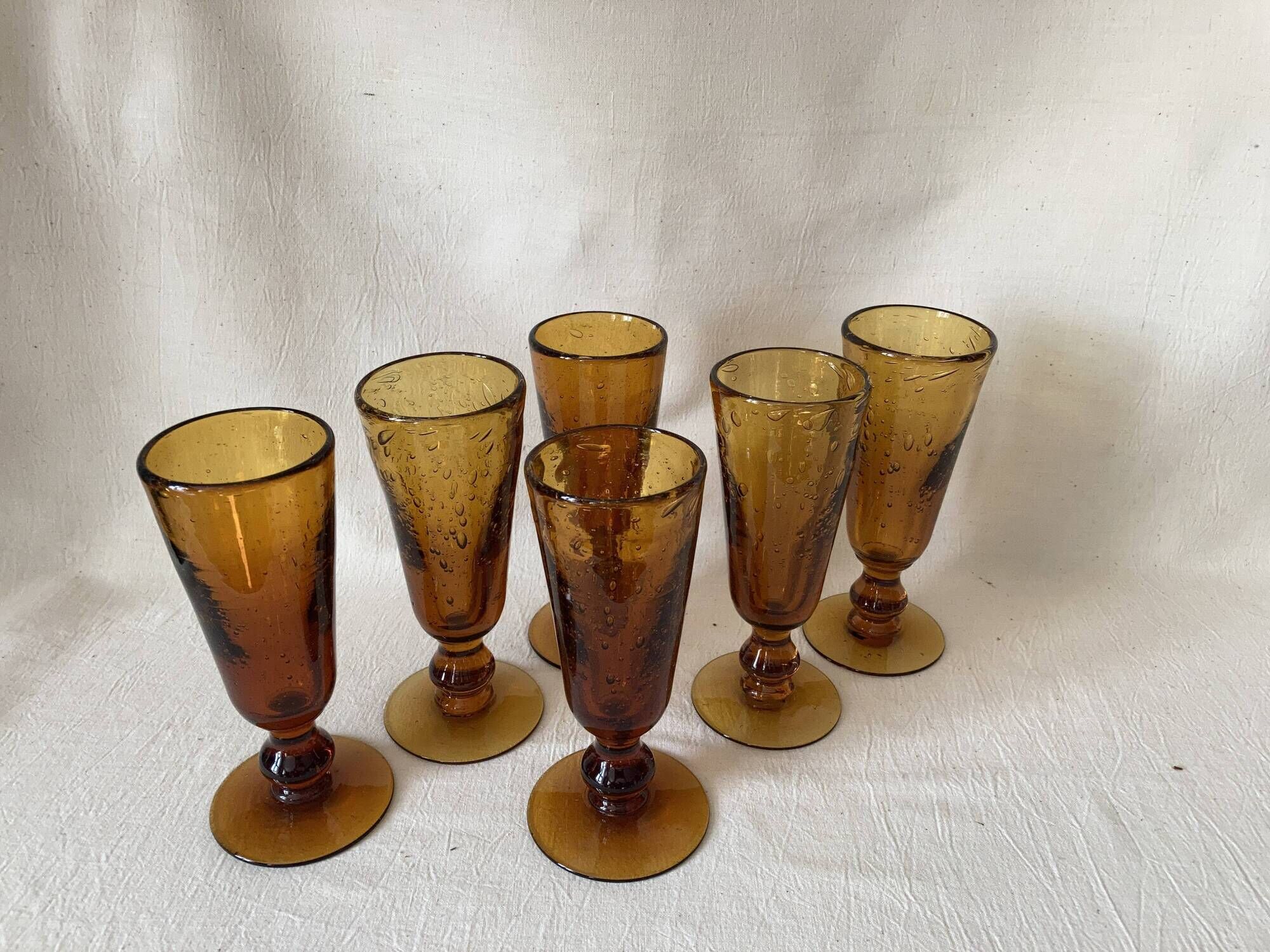 Handblown Glasses, set of 6 Amber Champagne Glasses, designer Iconic Drinkware