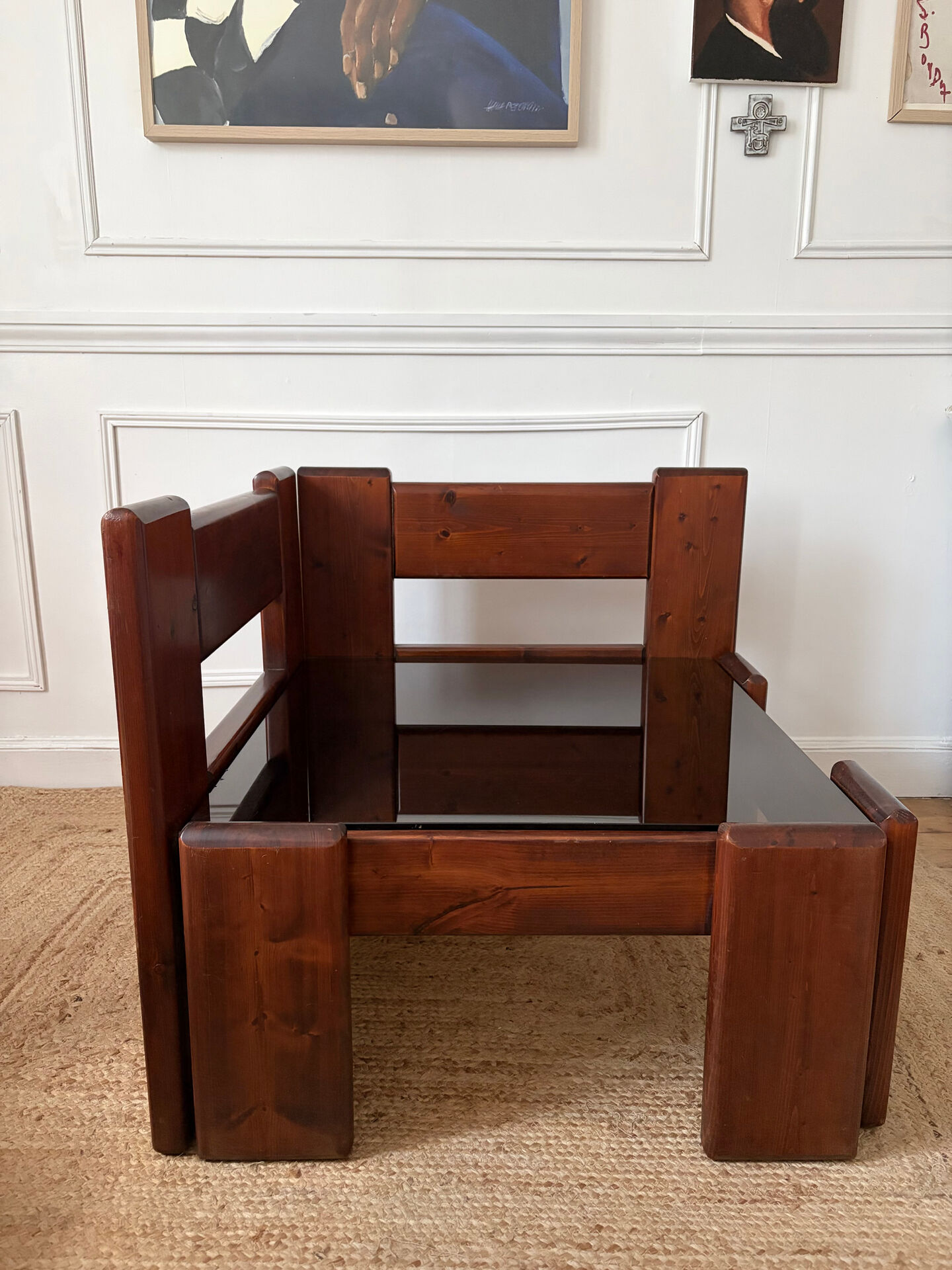 Modernist coffee table in wood and smoked glass.