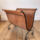 Wicker, rattan and black steel magazine holder 70s