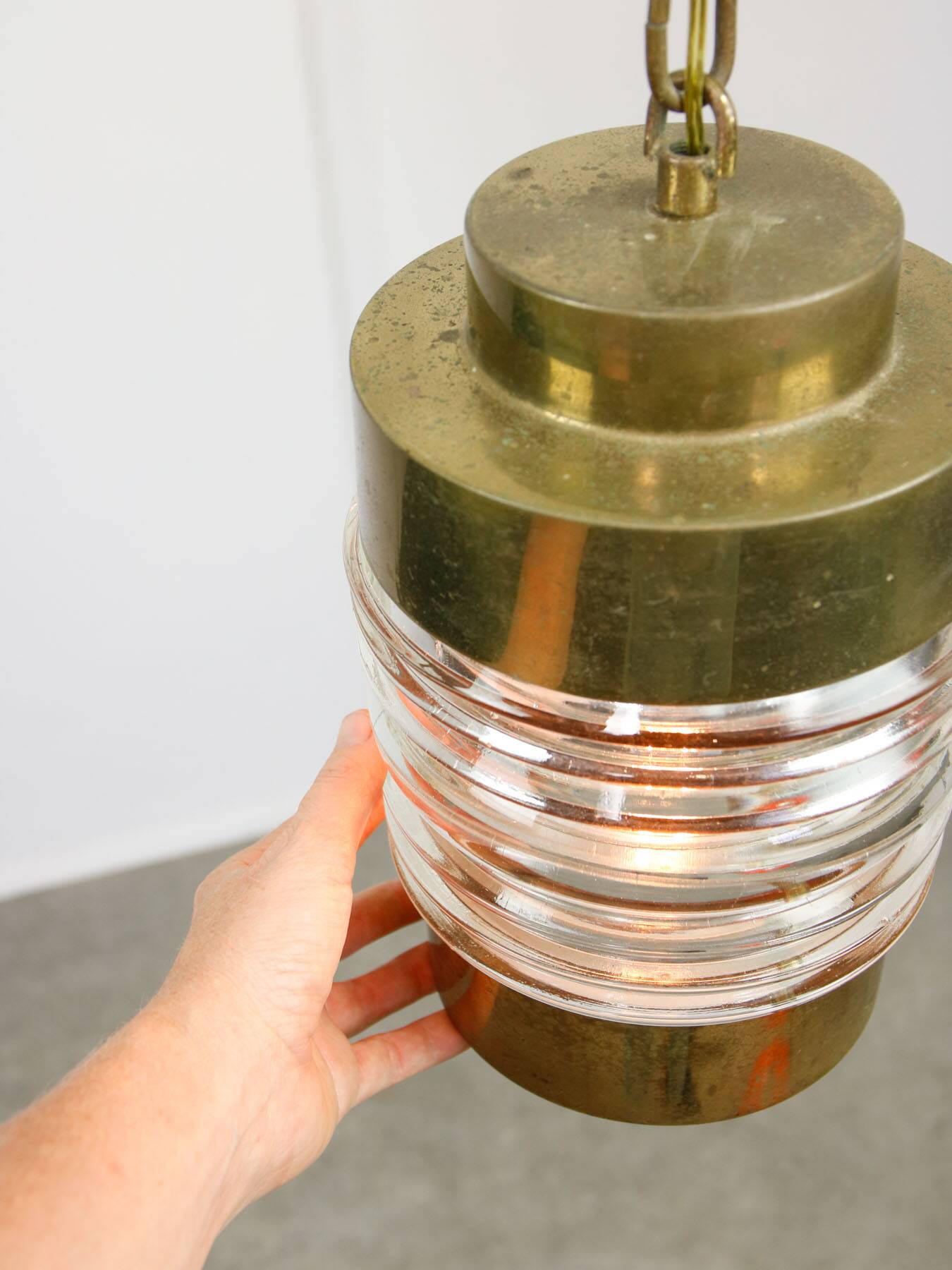 Vintage Italian Brass and Glass Lantern Pendant Lamp, 60s