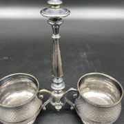 Double salt dish, silver metal, round base, socket, engraved decor, table decoration, chic, hallmark