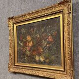 Oil on canvas depicting a still life with flowers