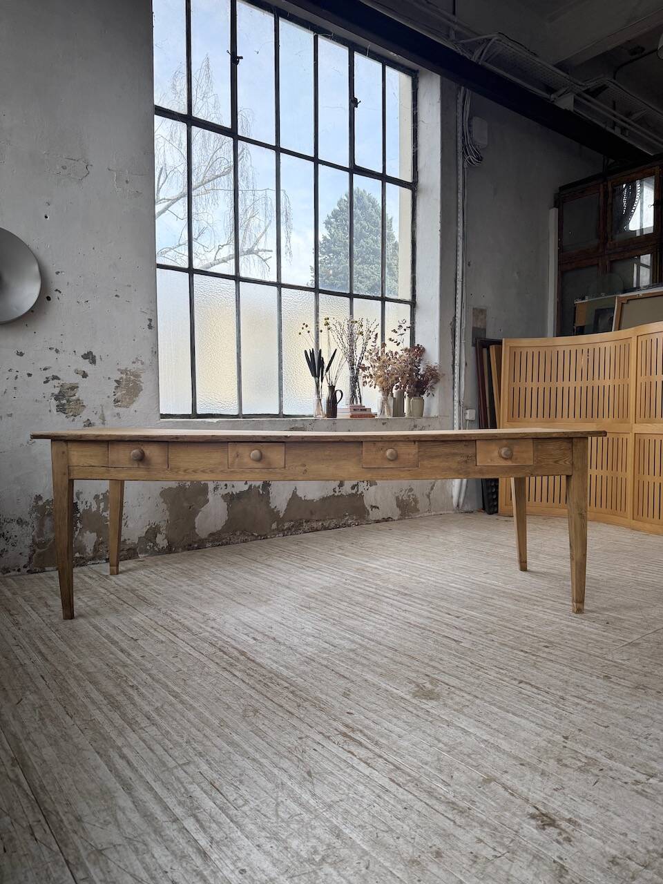 Pine and oak farmhouse table with multiple drawers, communal type, 240cm.