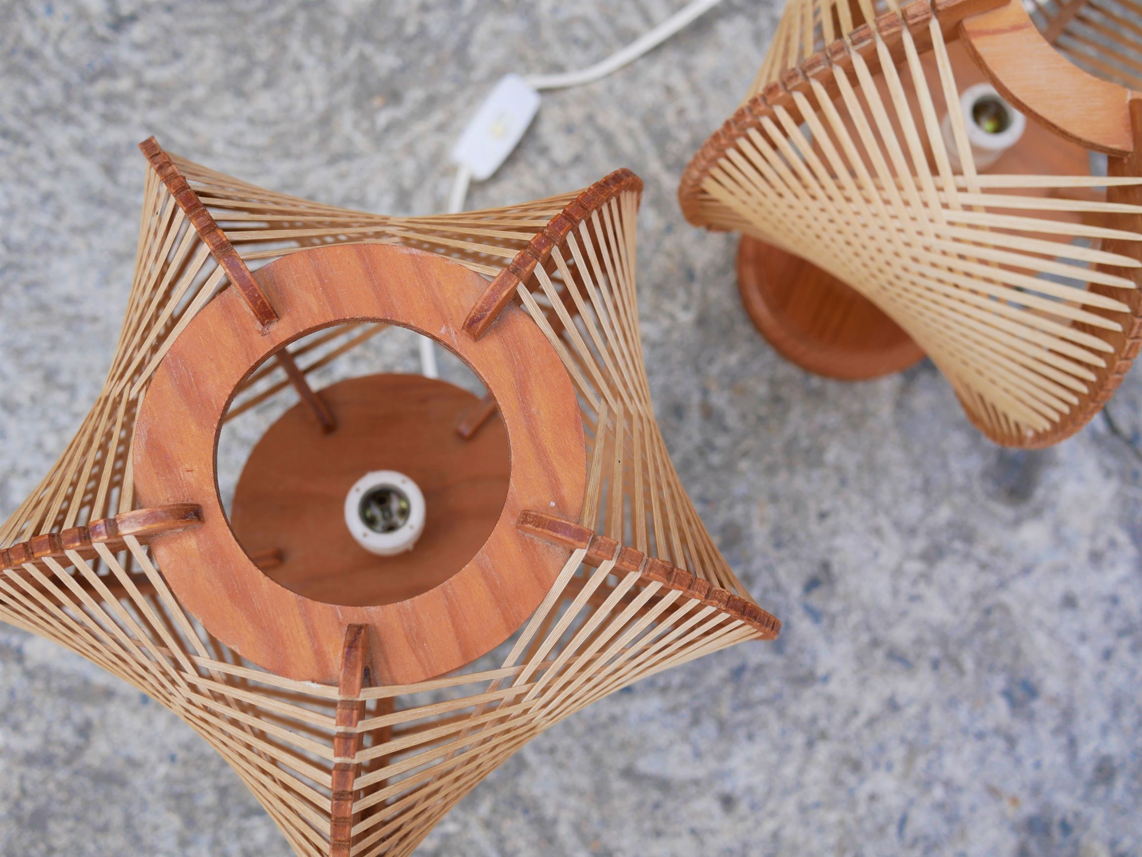 Pair of Scandinavian vintage wood and wire bedside lamps