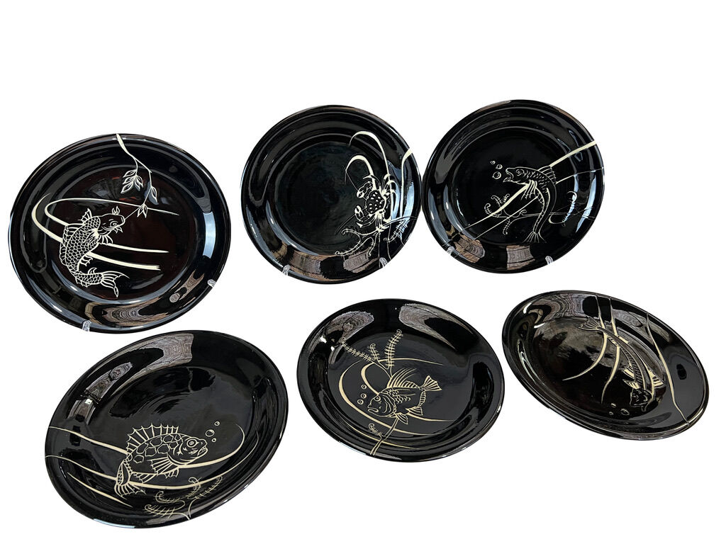 Fish service Vallauris 13 pieces black lacquer fish decor 1950s