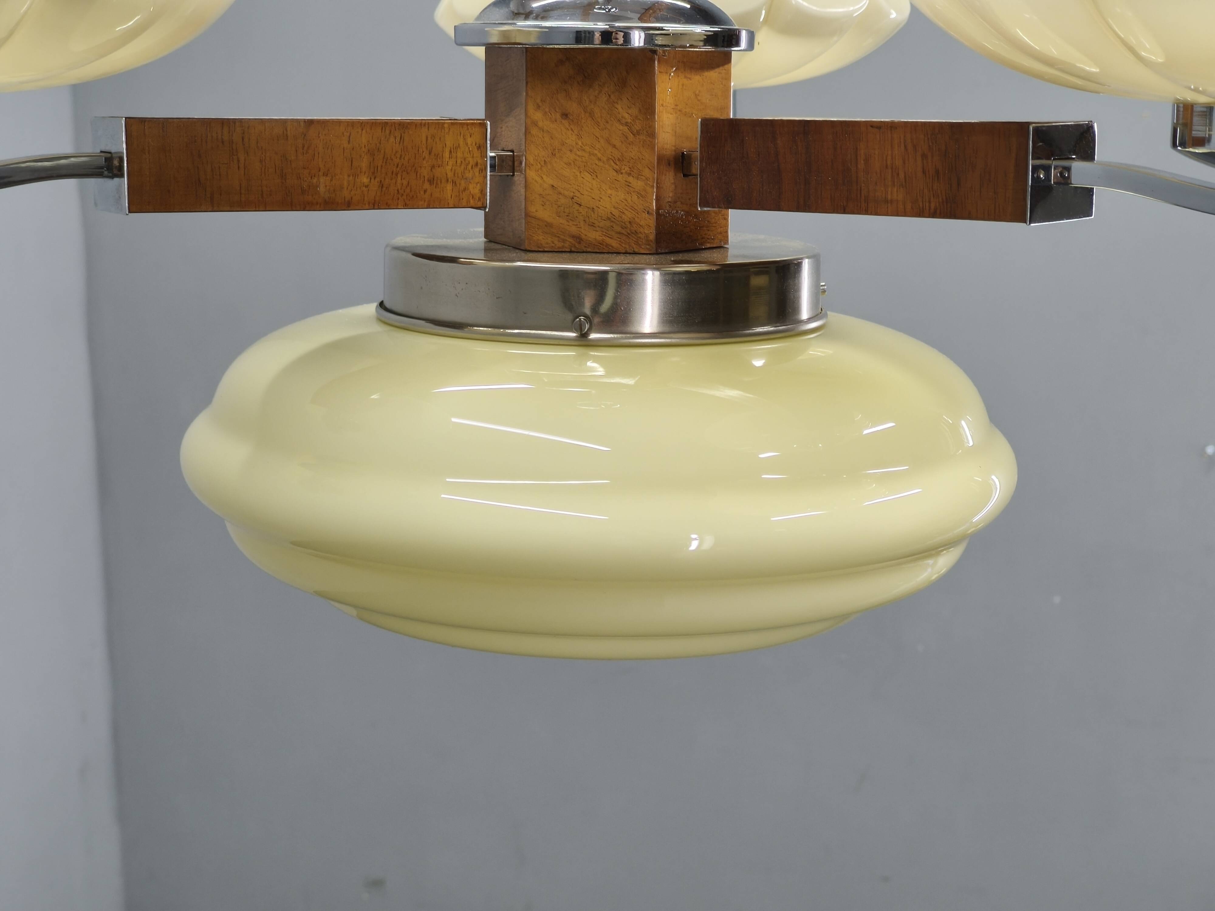 1940s Czechoslovak Art Deco Chandelier in Walnut Chrome and Glass