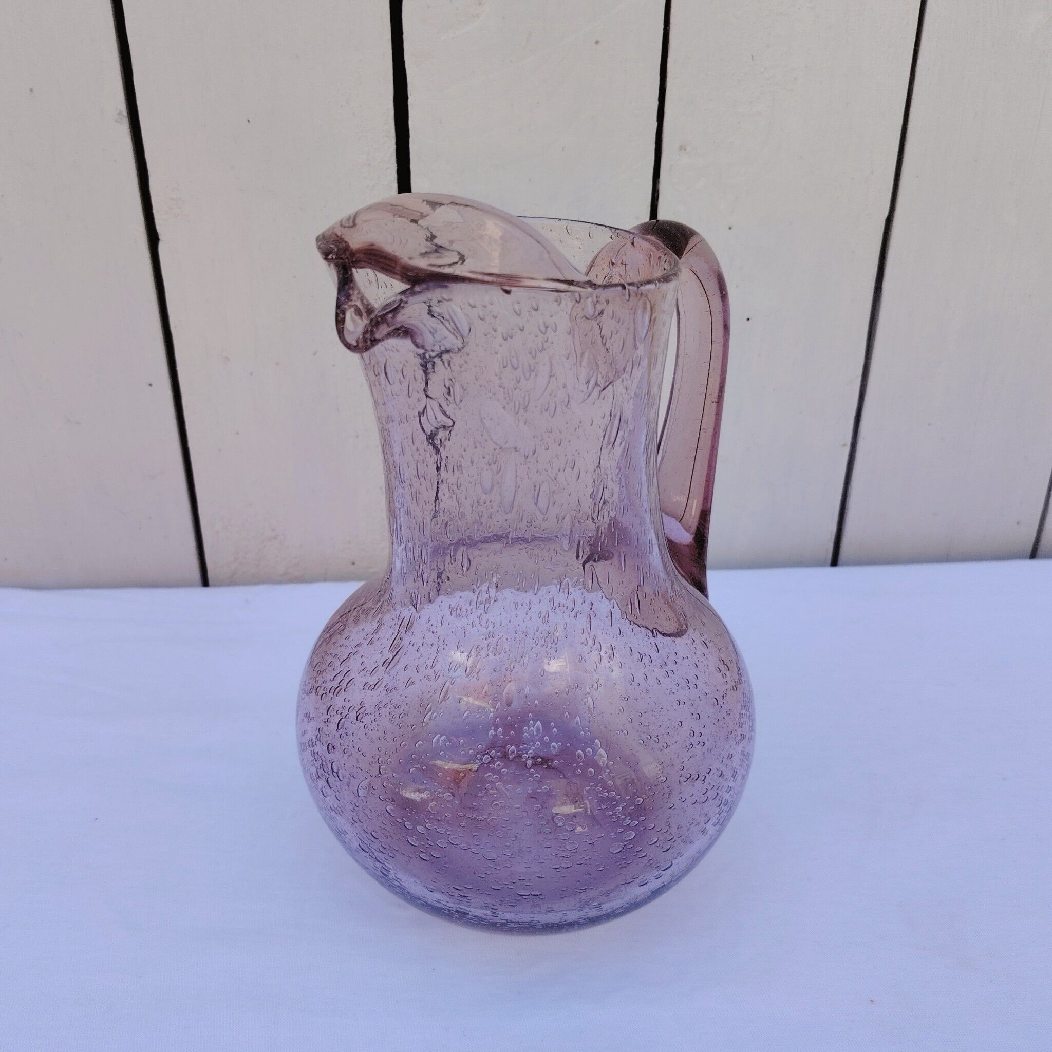 Blown glass pitcher with bubbles, Biot glassware style, vintage.