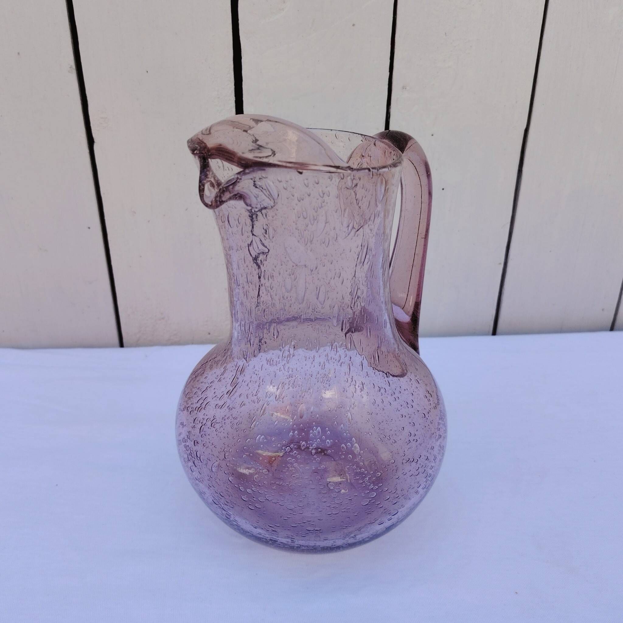 Blown glass pitcher with bubbles, Biot glassware style, vintage.