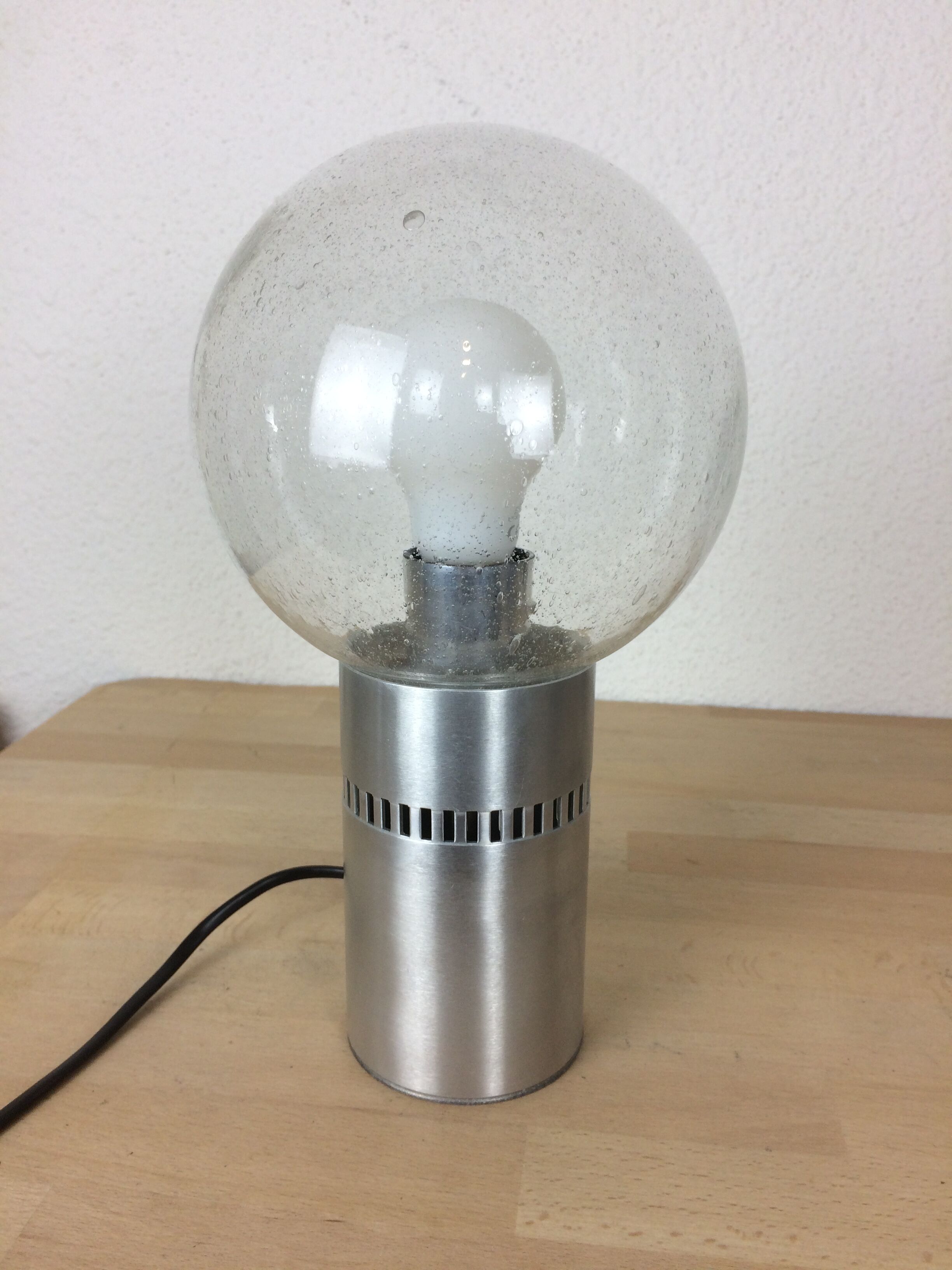 70's globe lamp brushed aluminum and bubbled glass, space age