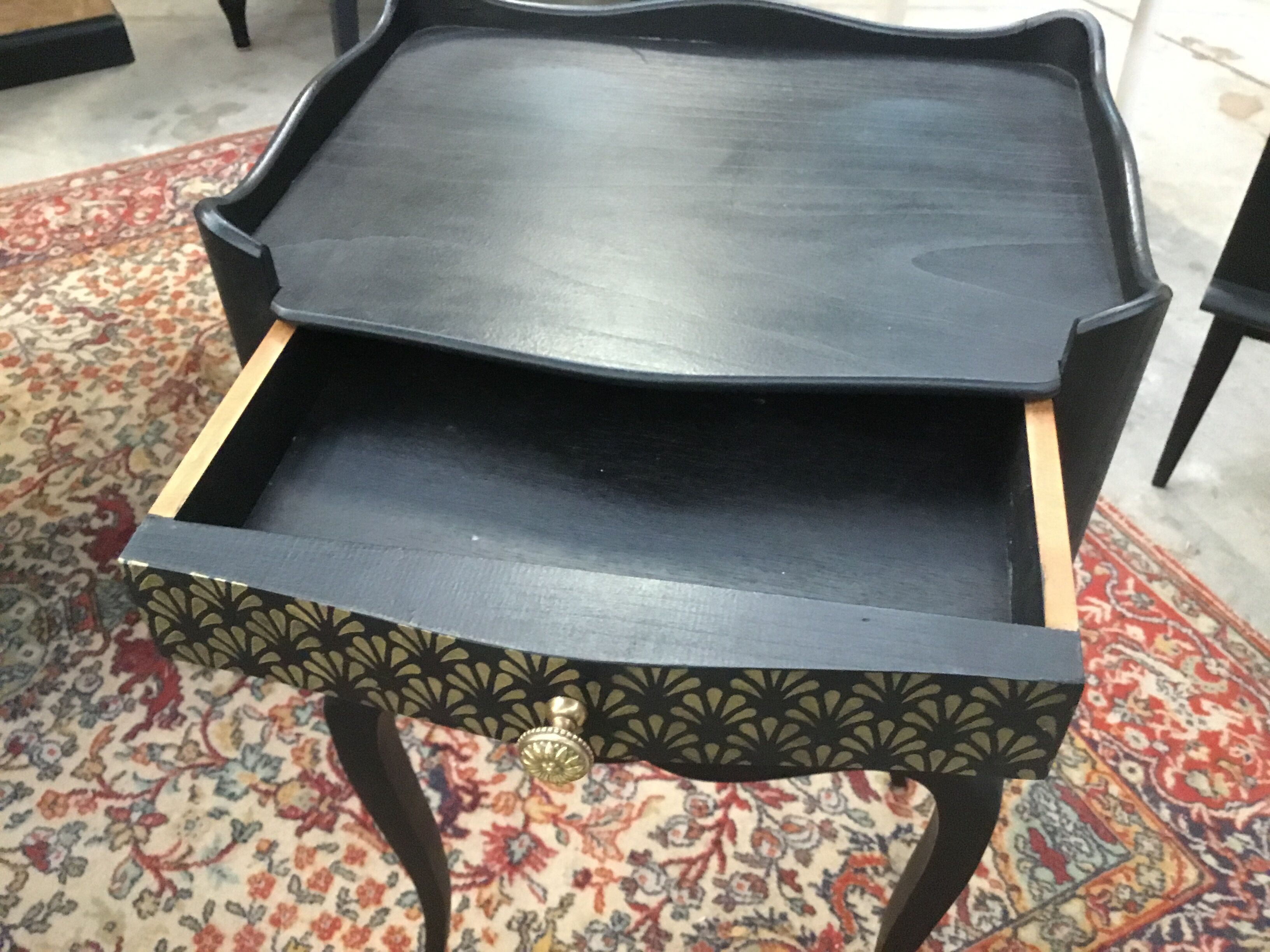 Bedside with drawer, black with patterns