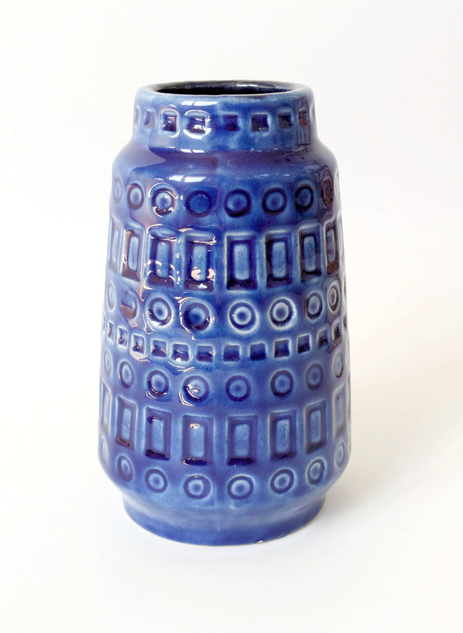 Vintage Scheurich Inka Vase, Blue Ceramic, West Germany