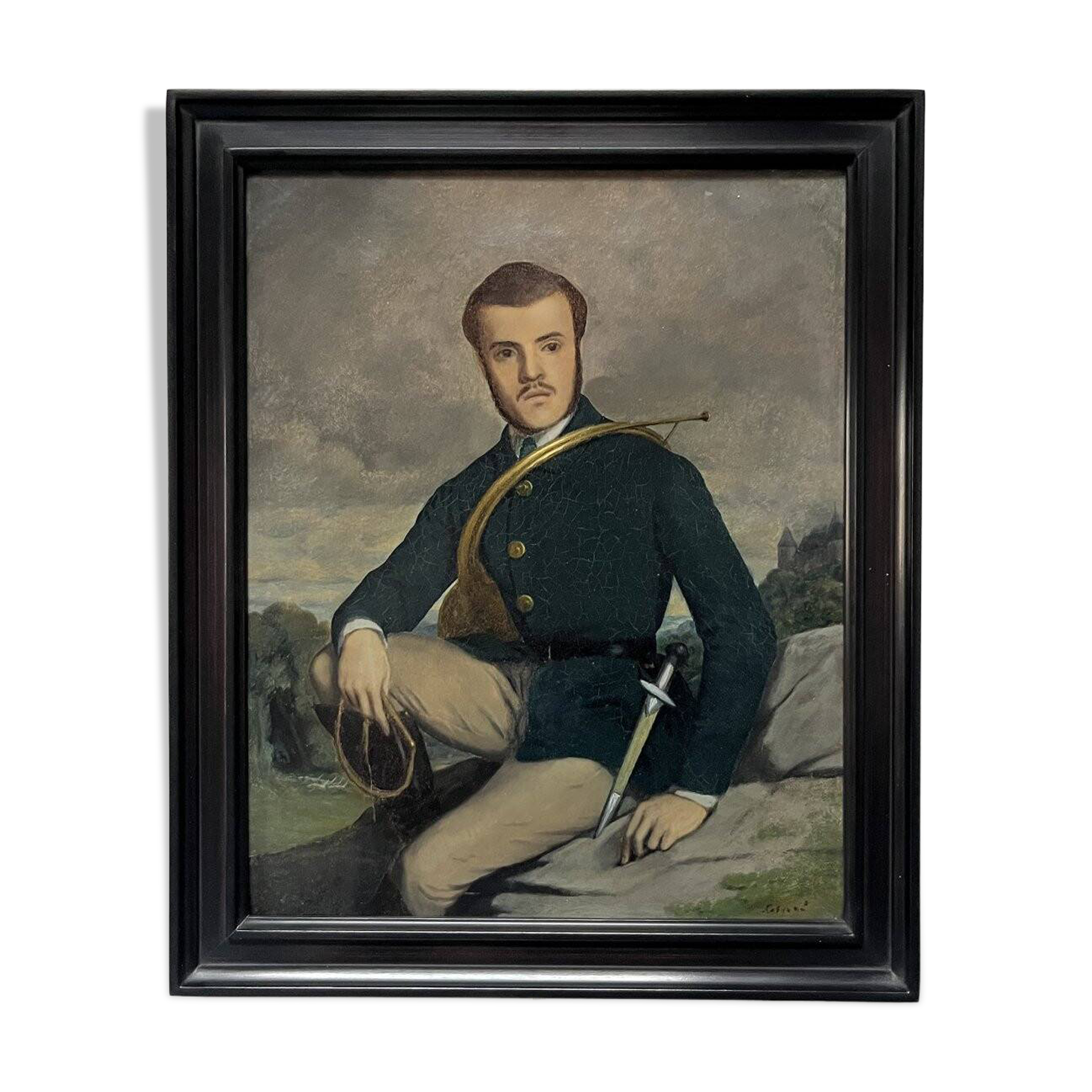 French school early 20th century, Portrait of a hunter, oil on canvas signed