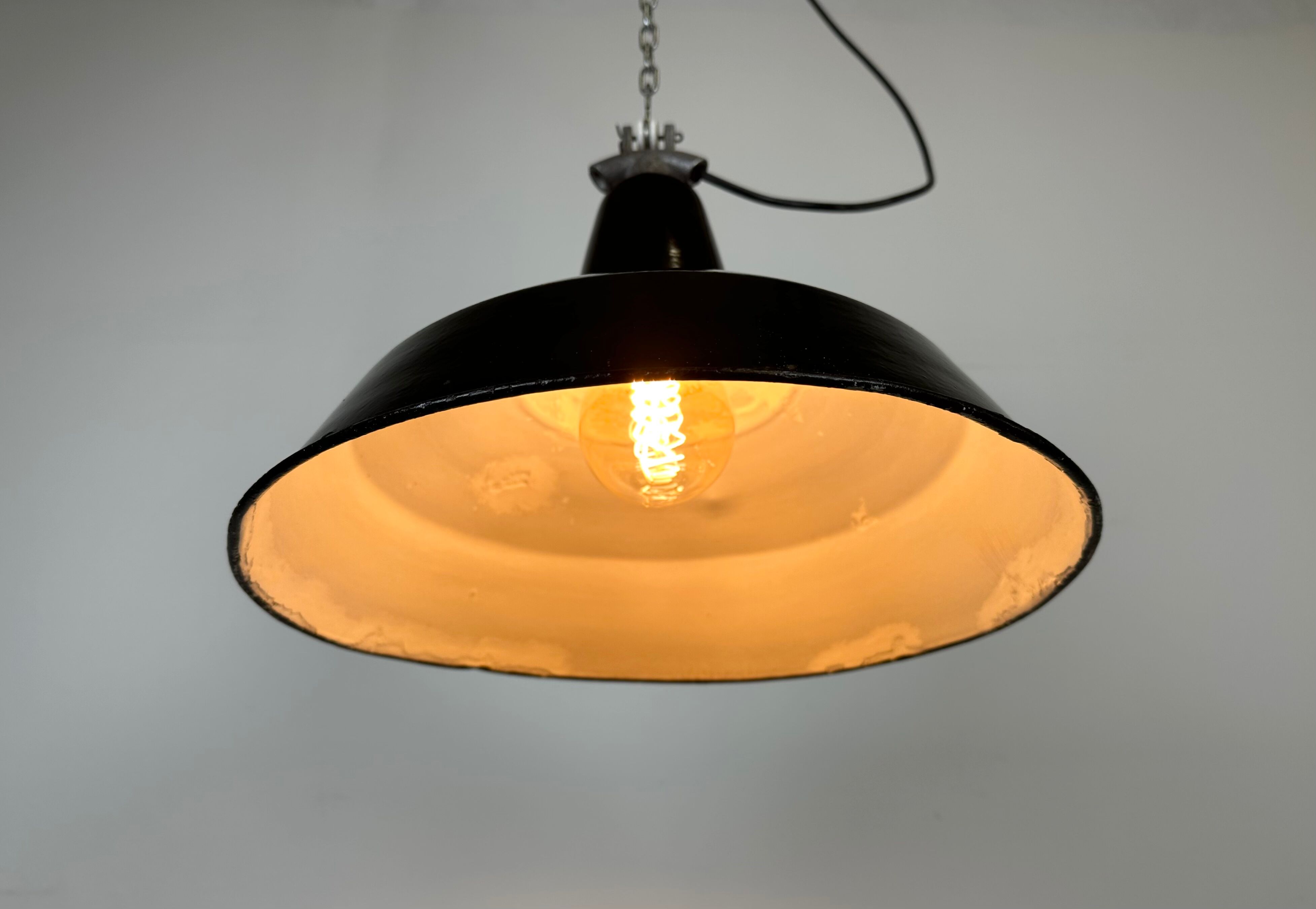 Industrial Black Enamel Factory Lamp with Cast Iron Top, 1960s