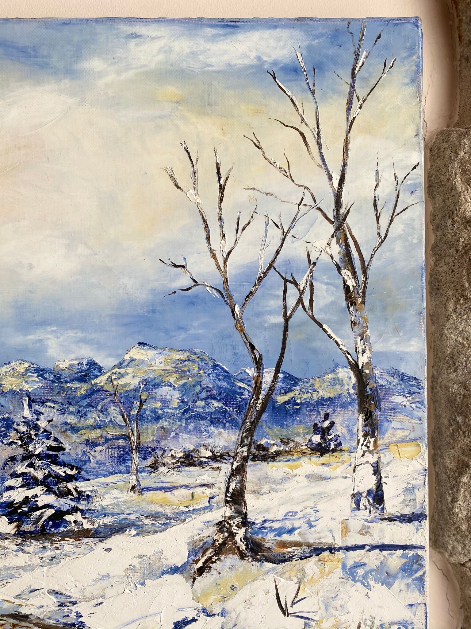 Ancient painting, winter landscape in Auvergne, signed, 20th century
