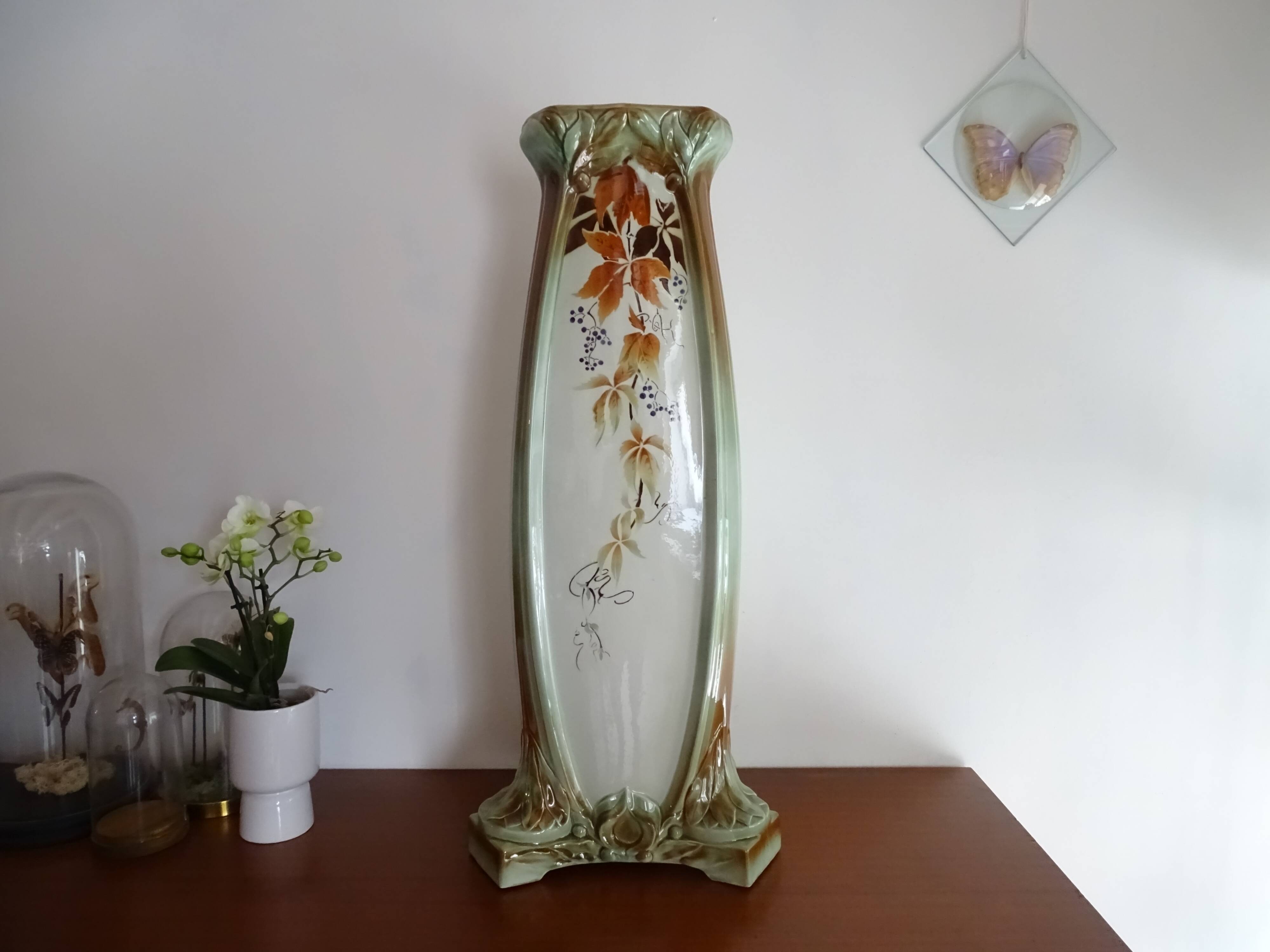 Earthenware column KG Lunéville vine leaves Art Nouveau 1920 - 81.5 cm