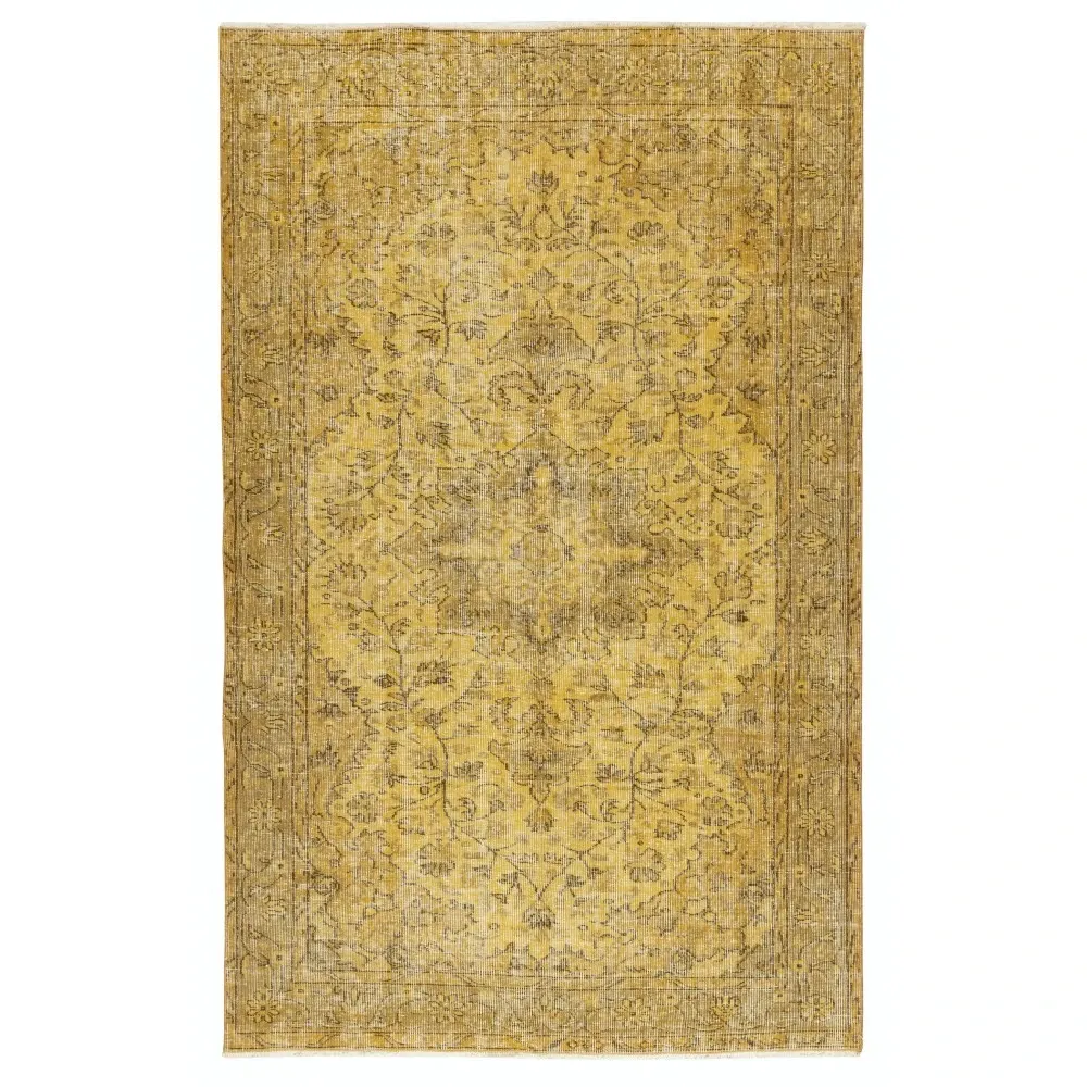 Vintage Handmade Medallion Design Rug Overdyed in Yellow for Modern Interiors