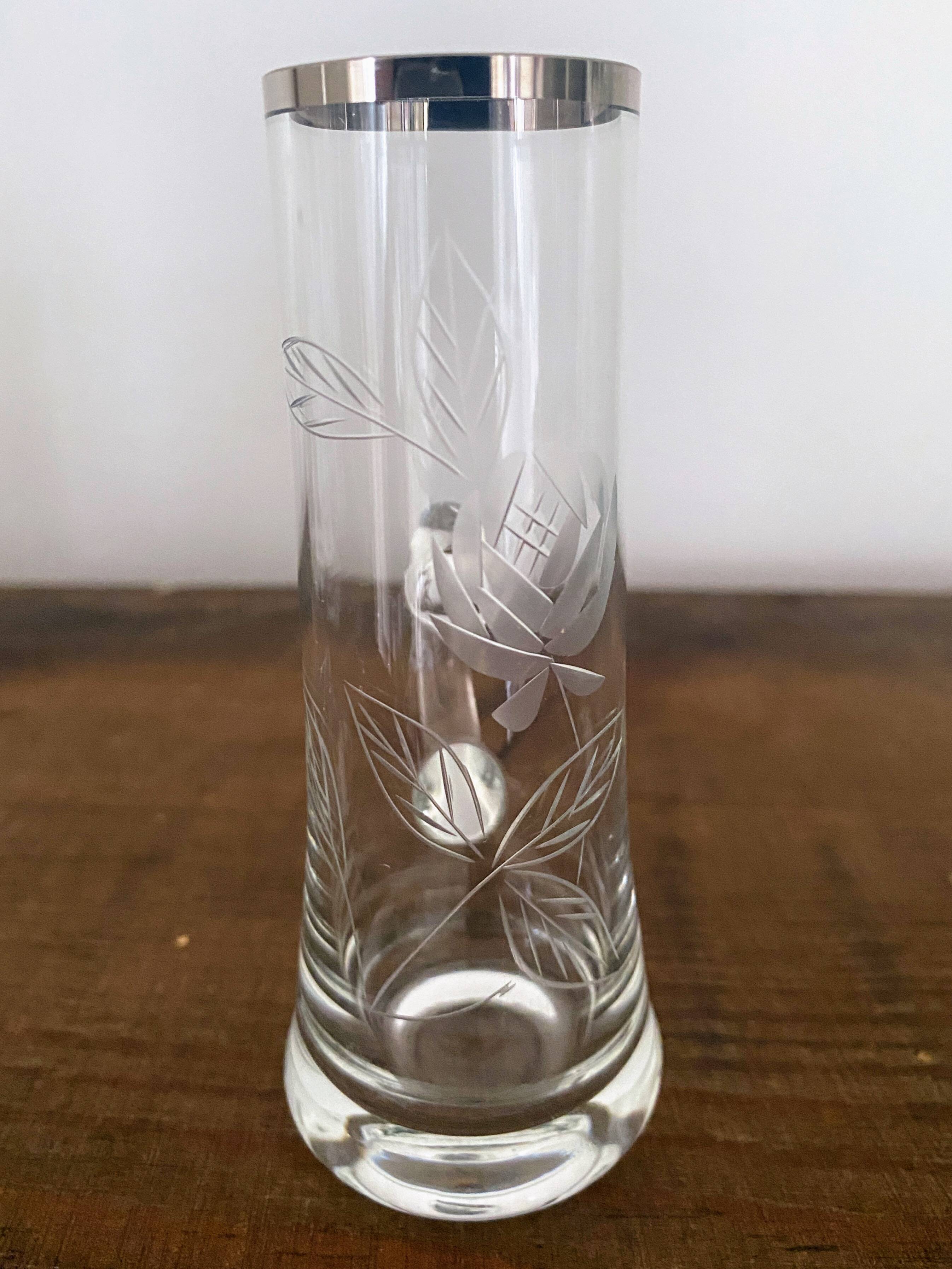 5 vintage shot, liqueur, digestive glasses, with transparent glass handle engraved with a rose