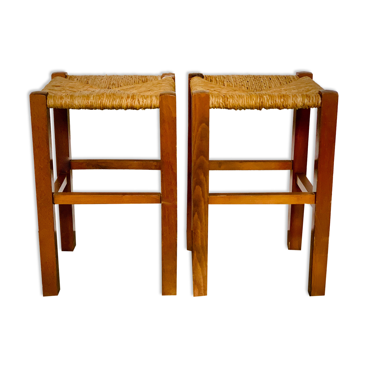 Two light wooden stools varnished and mulched seat