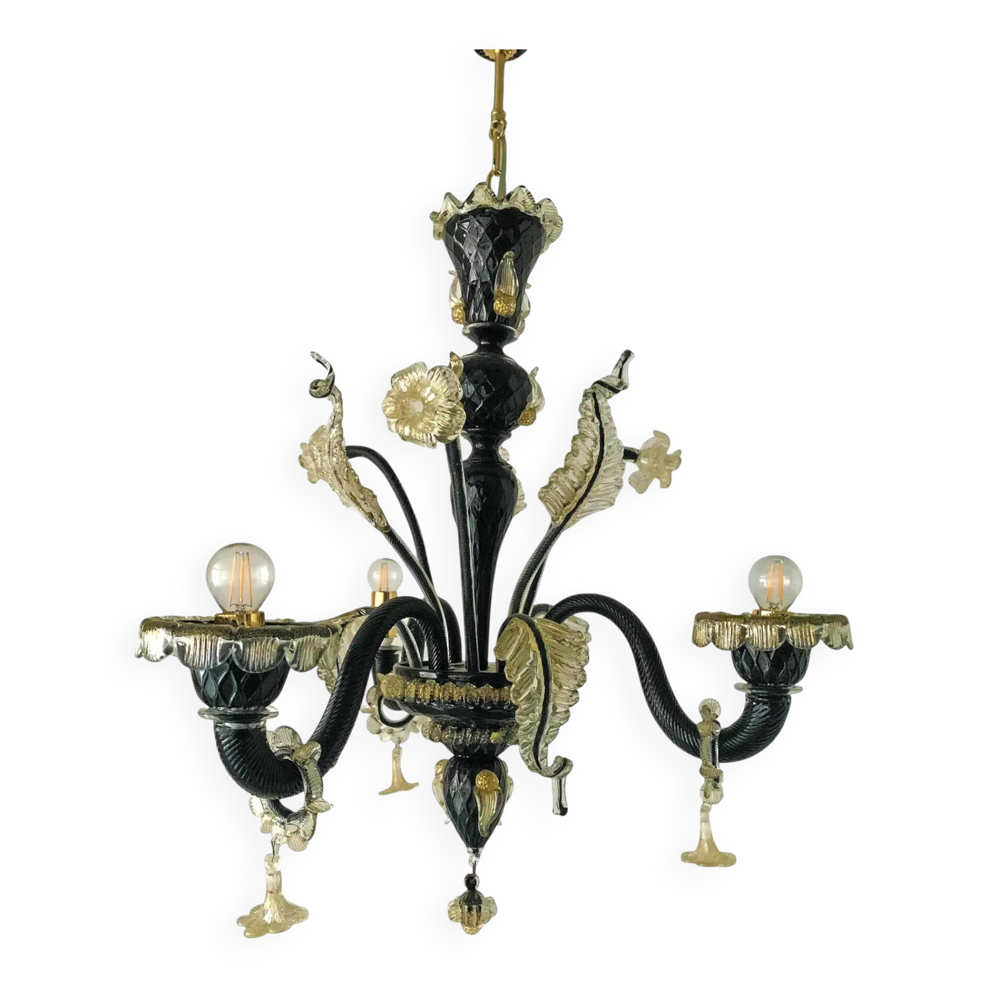 Black and Gold Murano-Style Venetian Glass Chandelier with Floral and Leaf Design