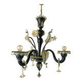 Black and Gold Murano-Style Venetian Glass Chandelier with Floral and Leaf Design