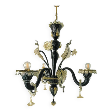 Black and Gold Murano-Style Venetian Glass Chandelier with Floral and Leaf Design
