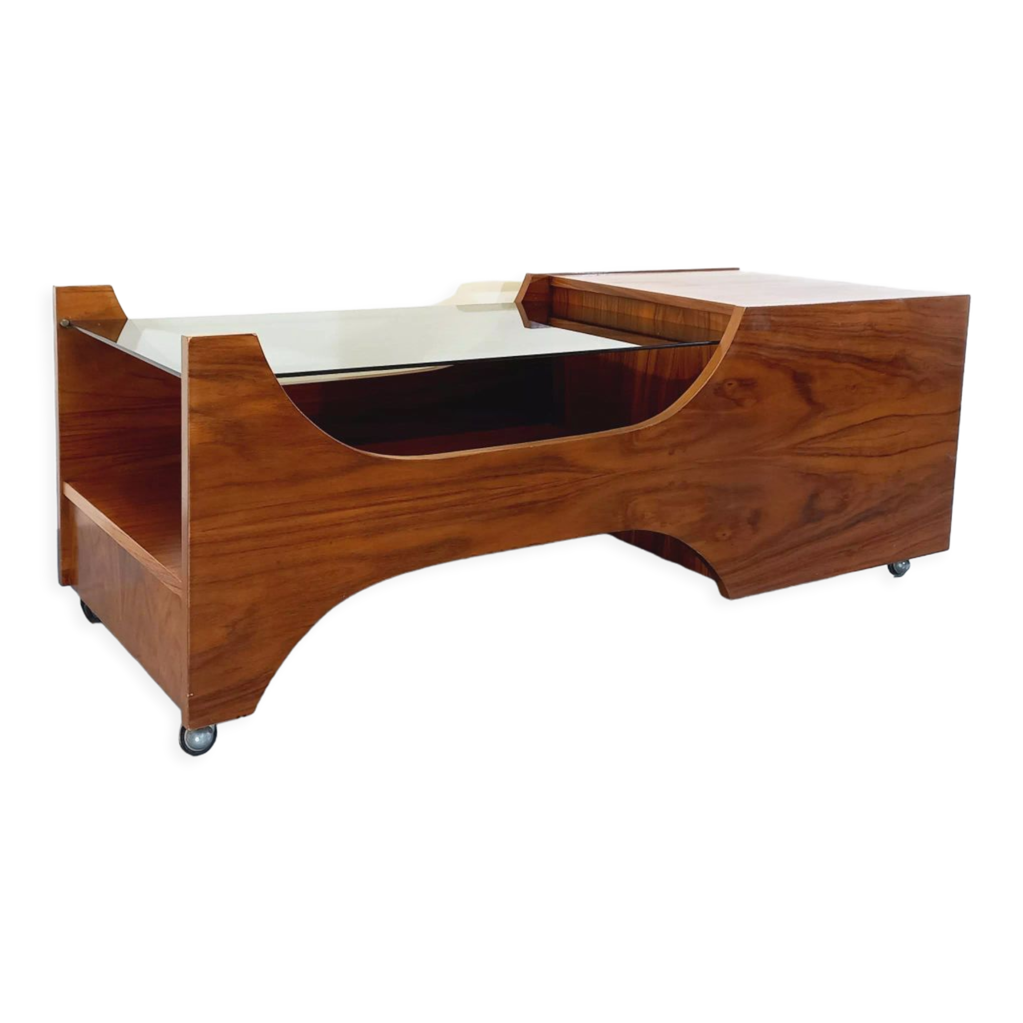 Vintage bar coffee table on rosewood wheels and smoked glass from the 60s