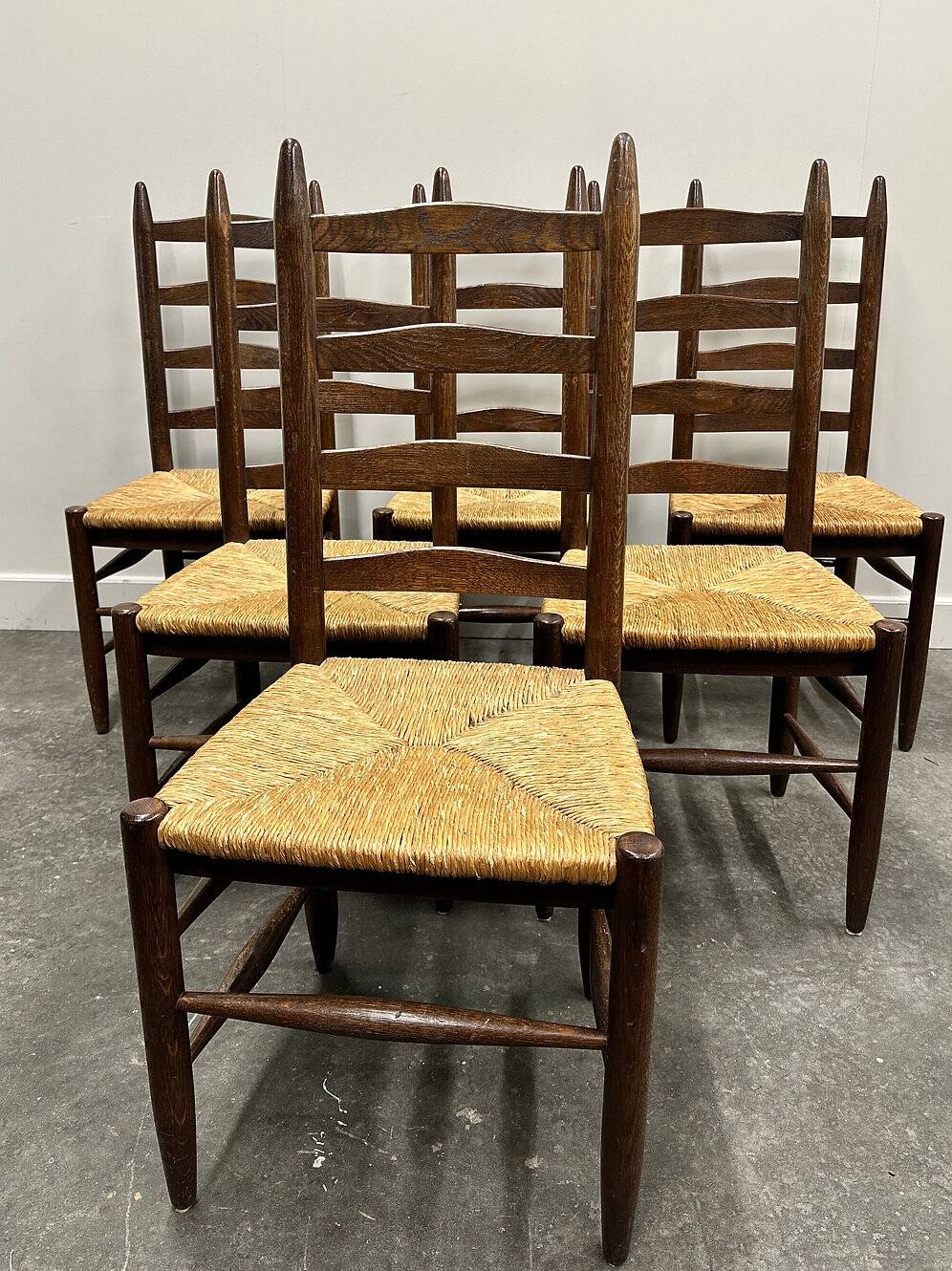 Set of 6 French primitive oak dining chairs