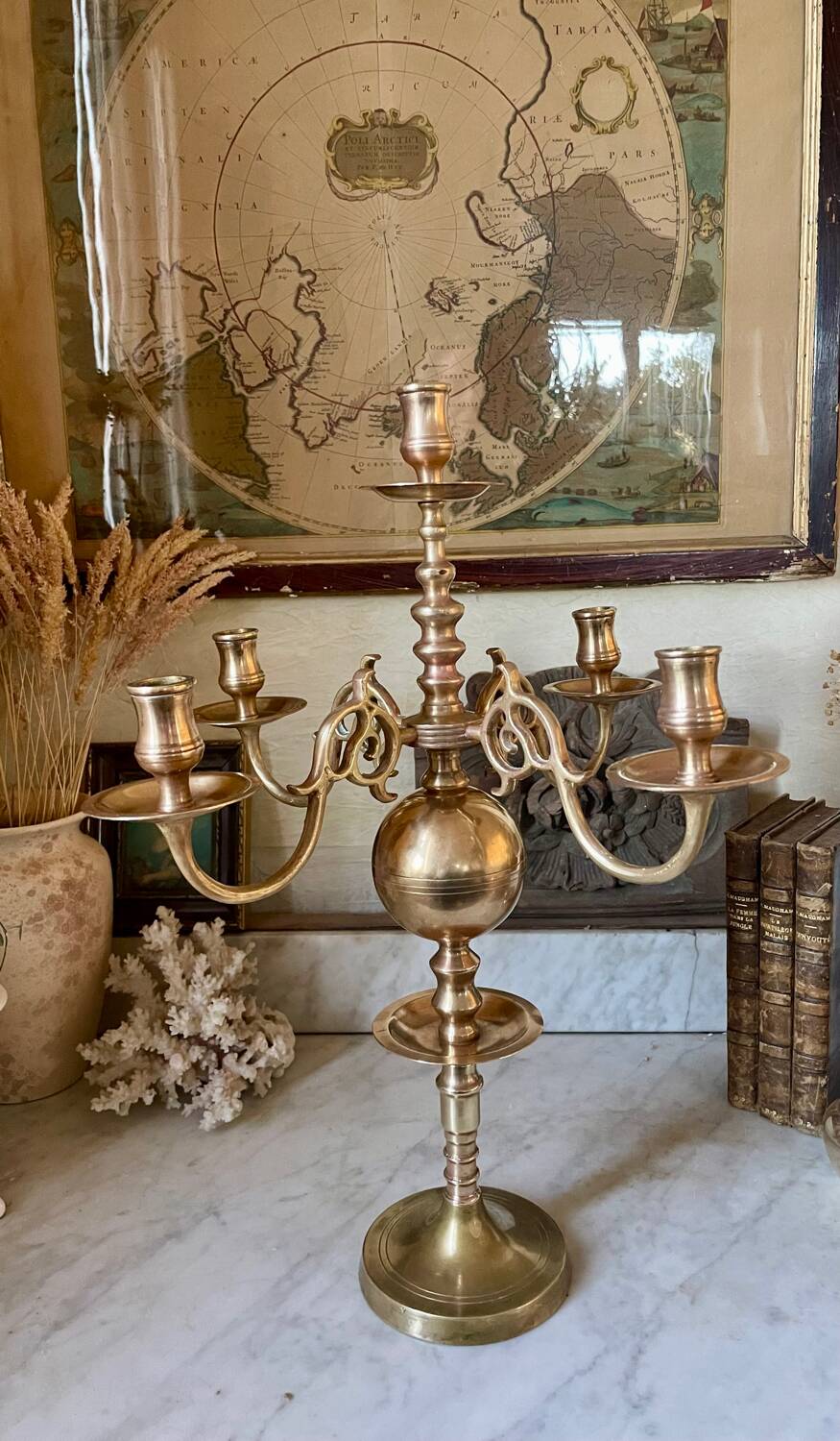 Antique Dutch 5-light brass candlestick