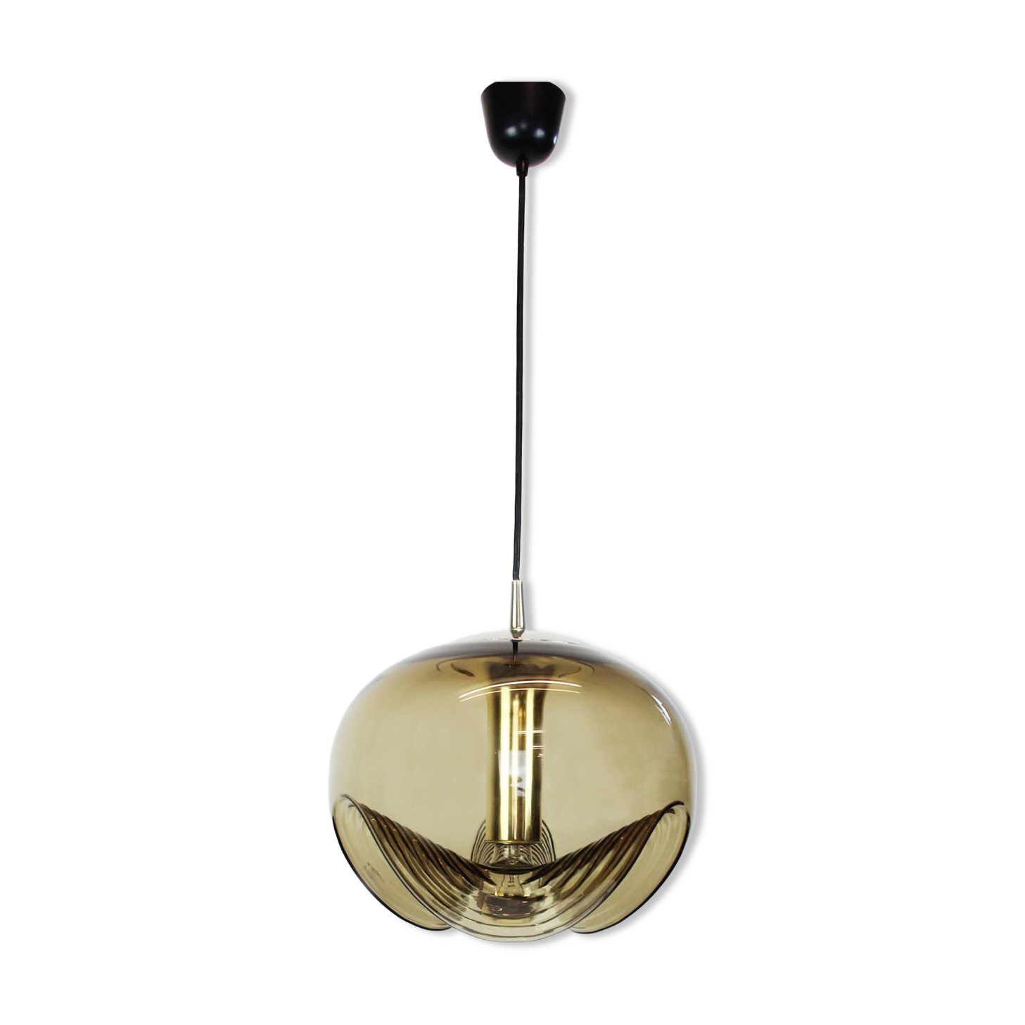 One of the two large smoked glass chandeliers by Peill & Putzler, Germany, 1970s.