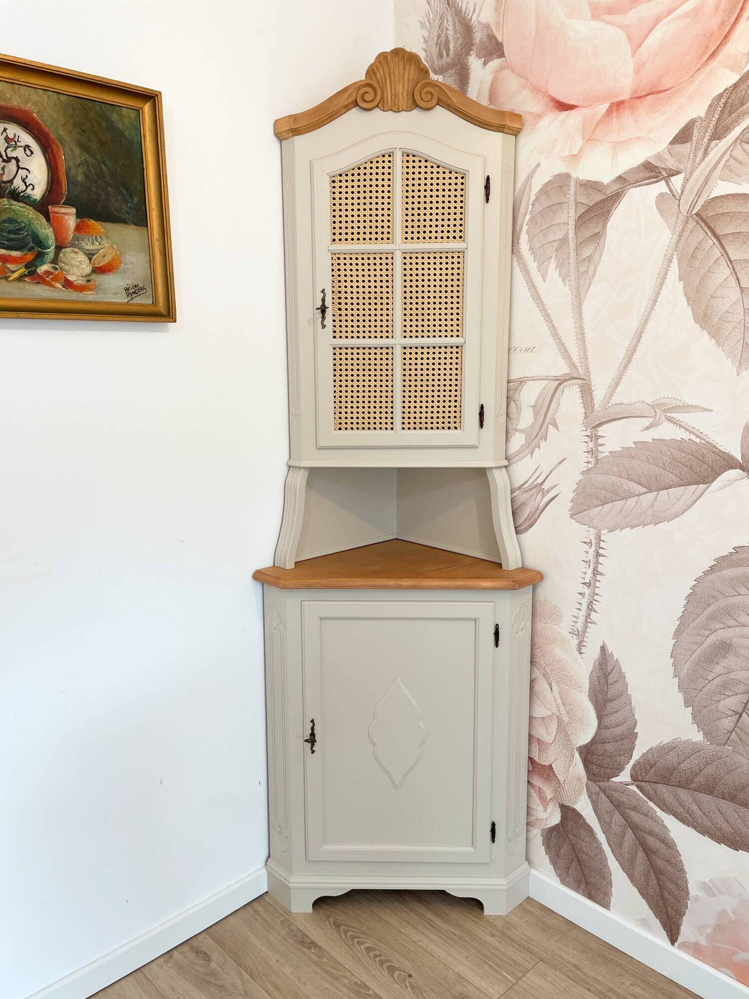 Corner unit in 2 parts, grey/beige and cane work.