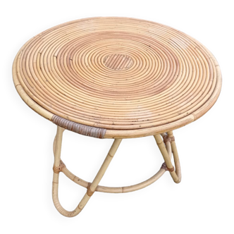 Table basse ronde vintage en rotin naturel