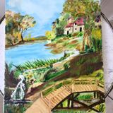 Oil painting on canvas river and pontoon signed