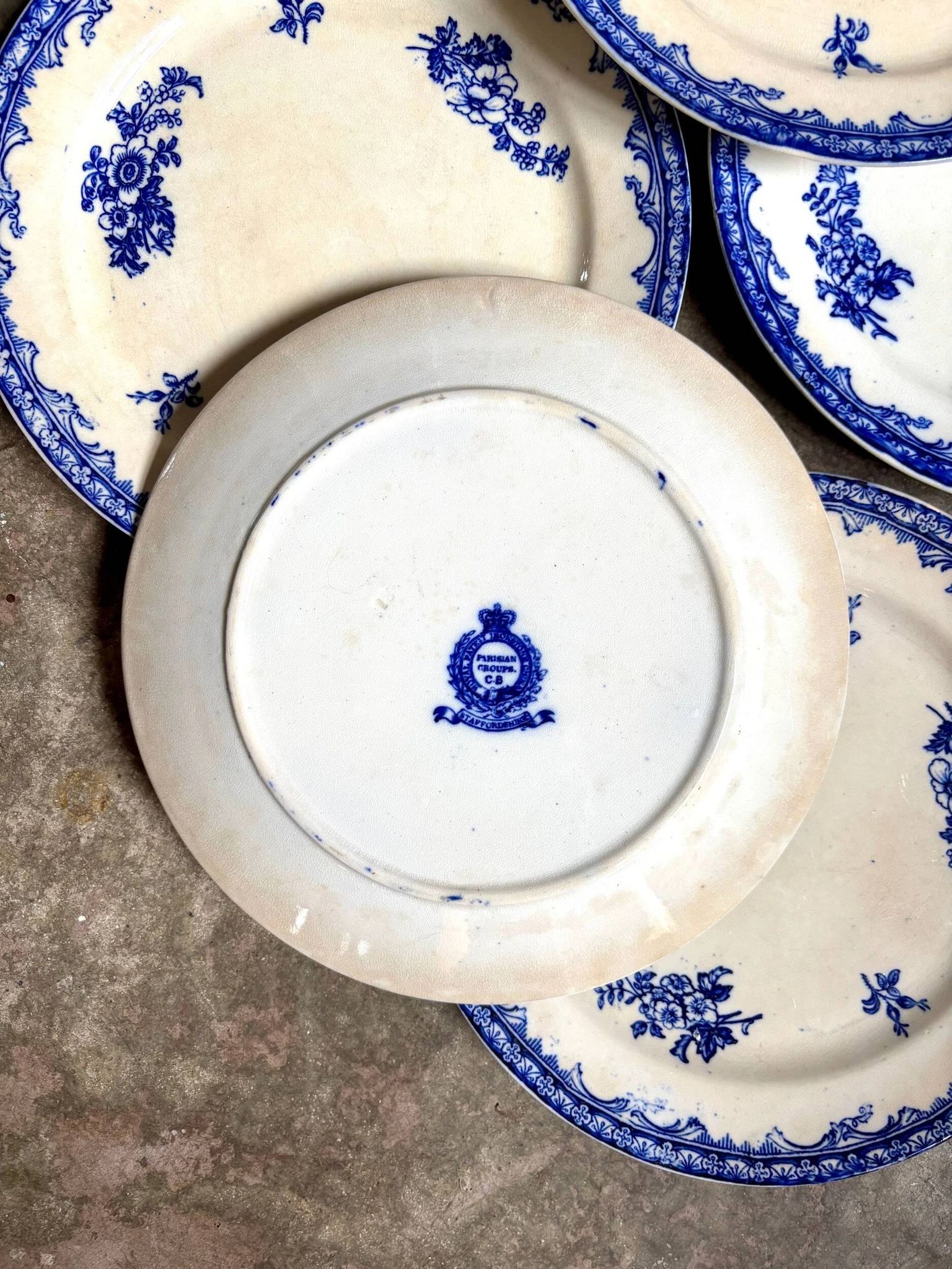 6 assiettes plates Staffordshire en terre de fer bleue