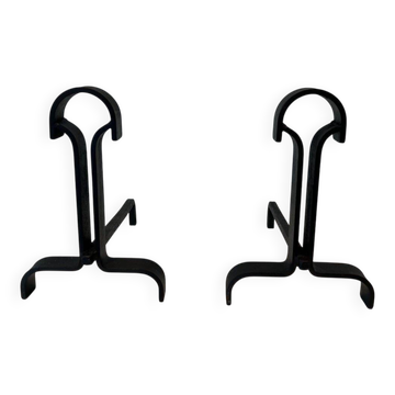 Pair of Modernist Andirons in Wrought Iron with Droplet Finials and Flared Bases