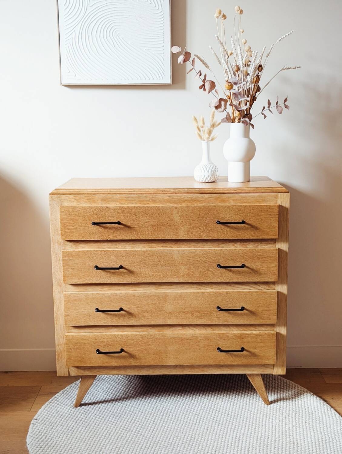 Vintage oak chest of drawers with splayed legs, restored