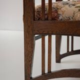 Antique Art Nouveau Armchair in Oak and Floral Upholstery, Belgium ca 1900s