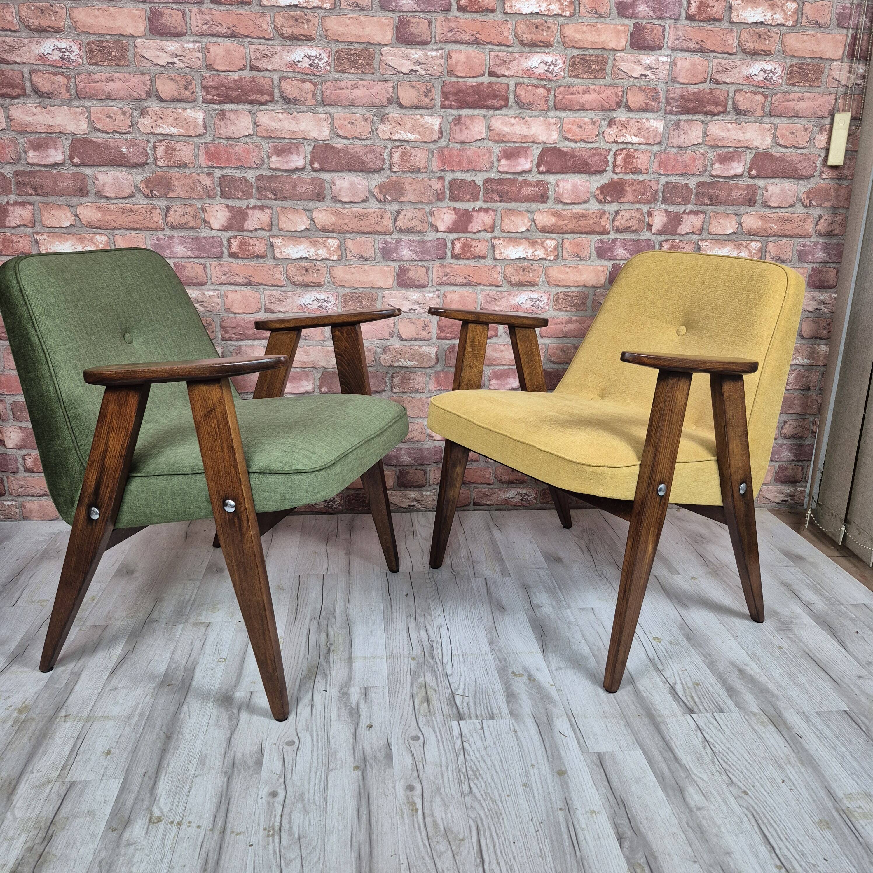 Fauteuil de milieu de siècle restauré type 366 par j. chierowski - jaune années 1960