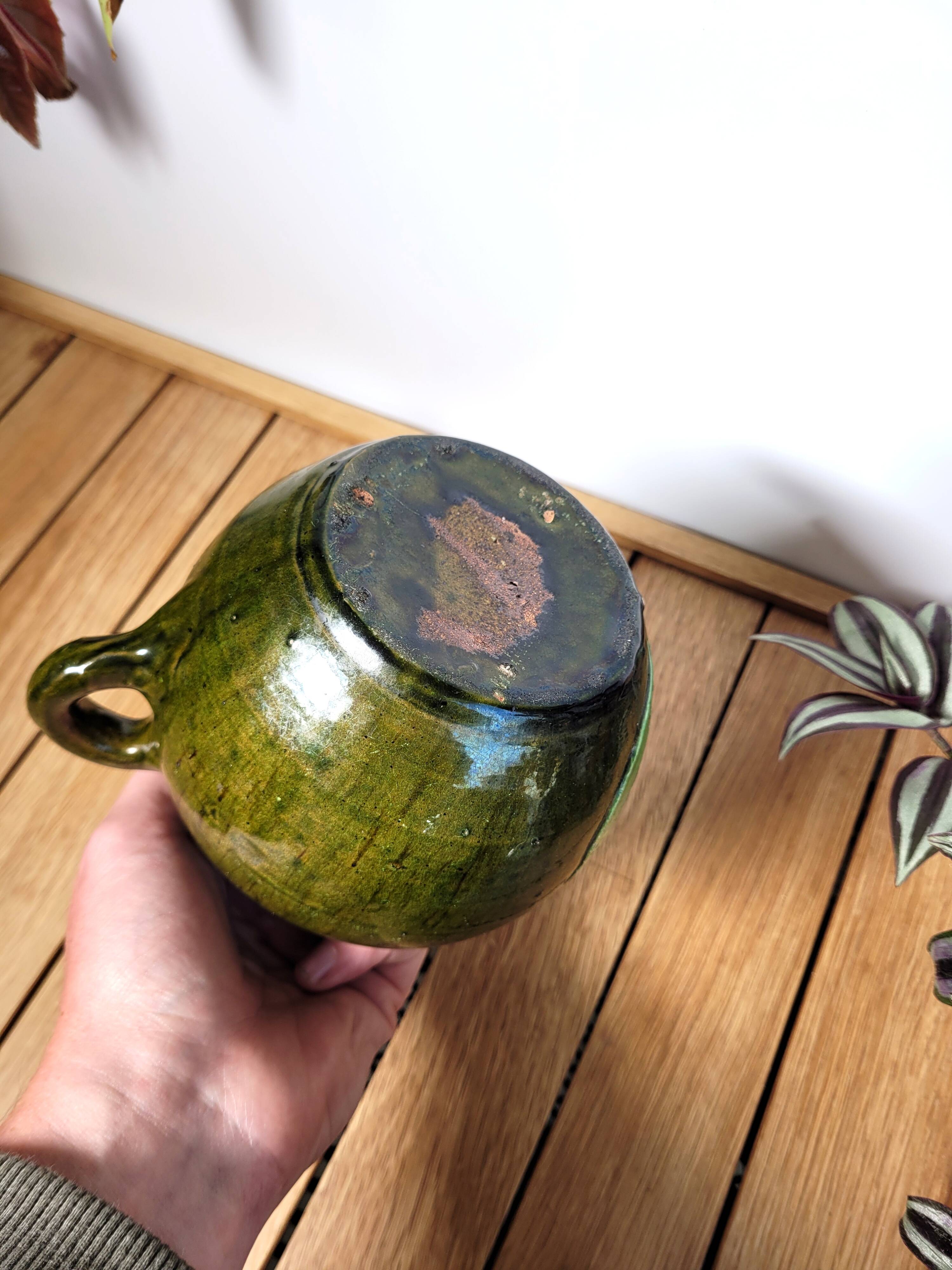 Vintage artisanal flowery ceramic pitcher vase