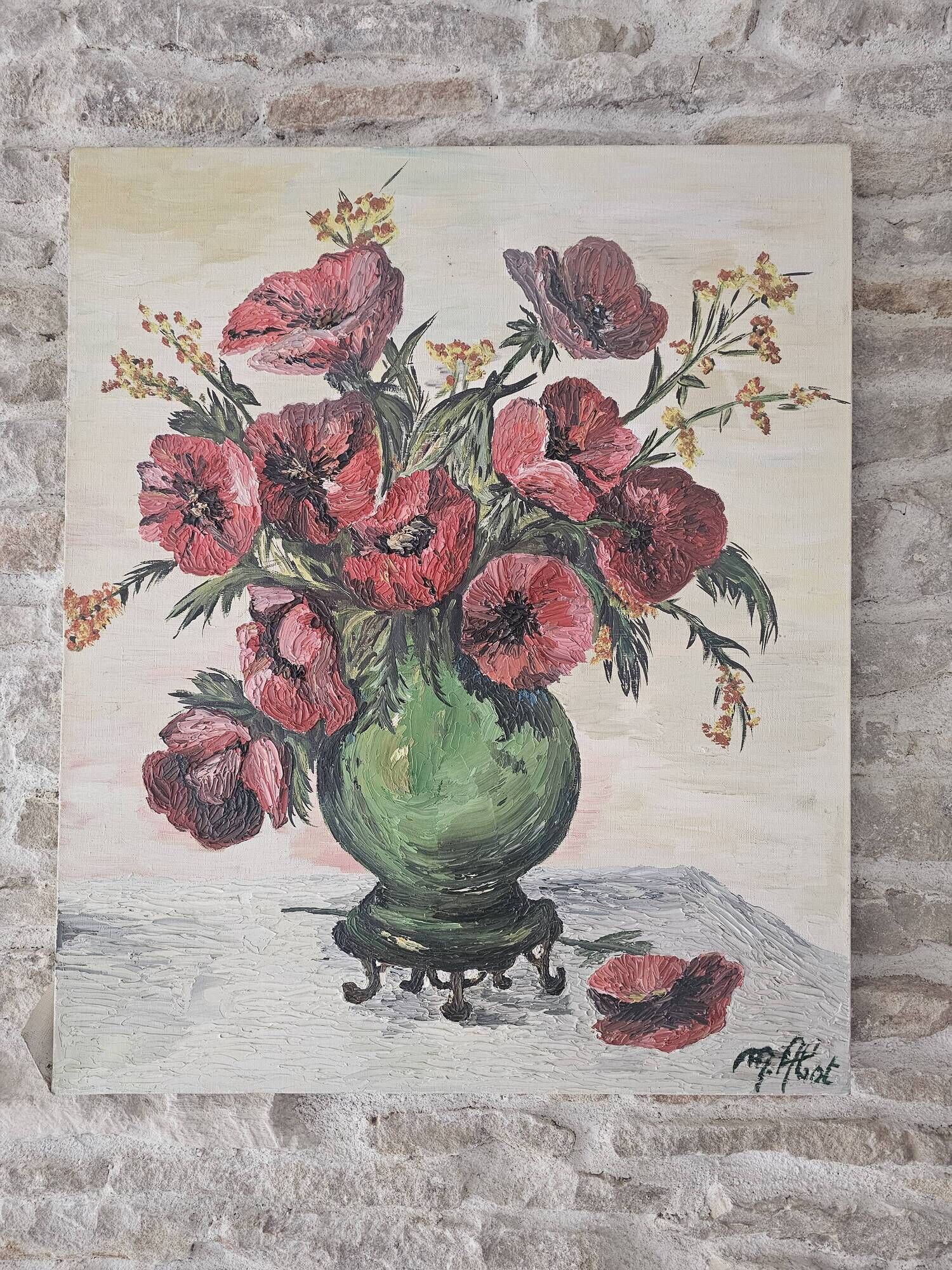 Oil on Canvas Knife Painting Still Life Flowers Poppies Signed M