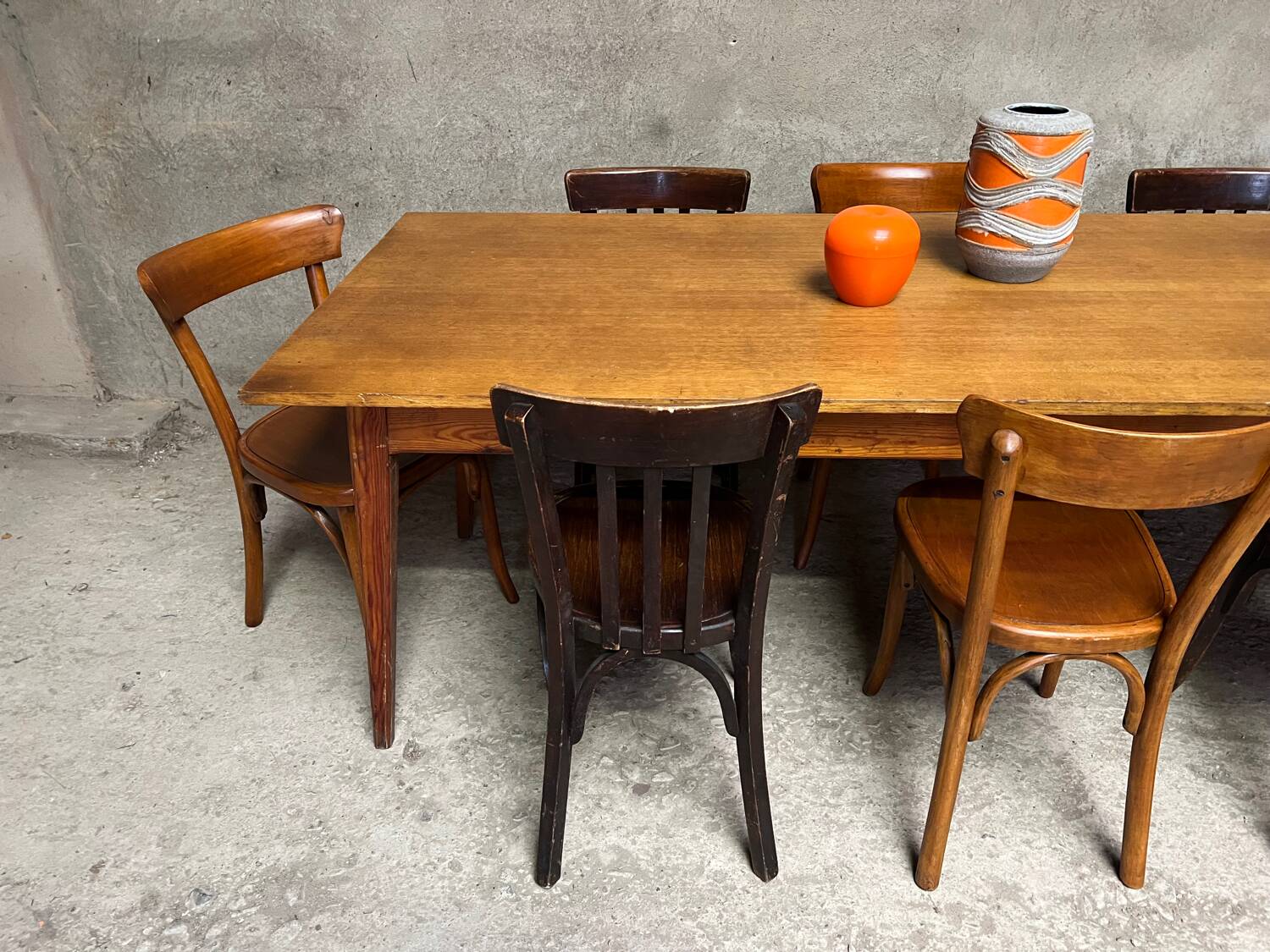 Vintage oak farm table with compass legs, 1950s