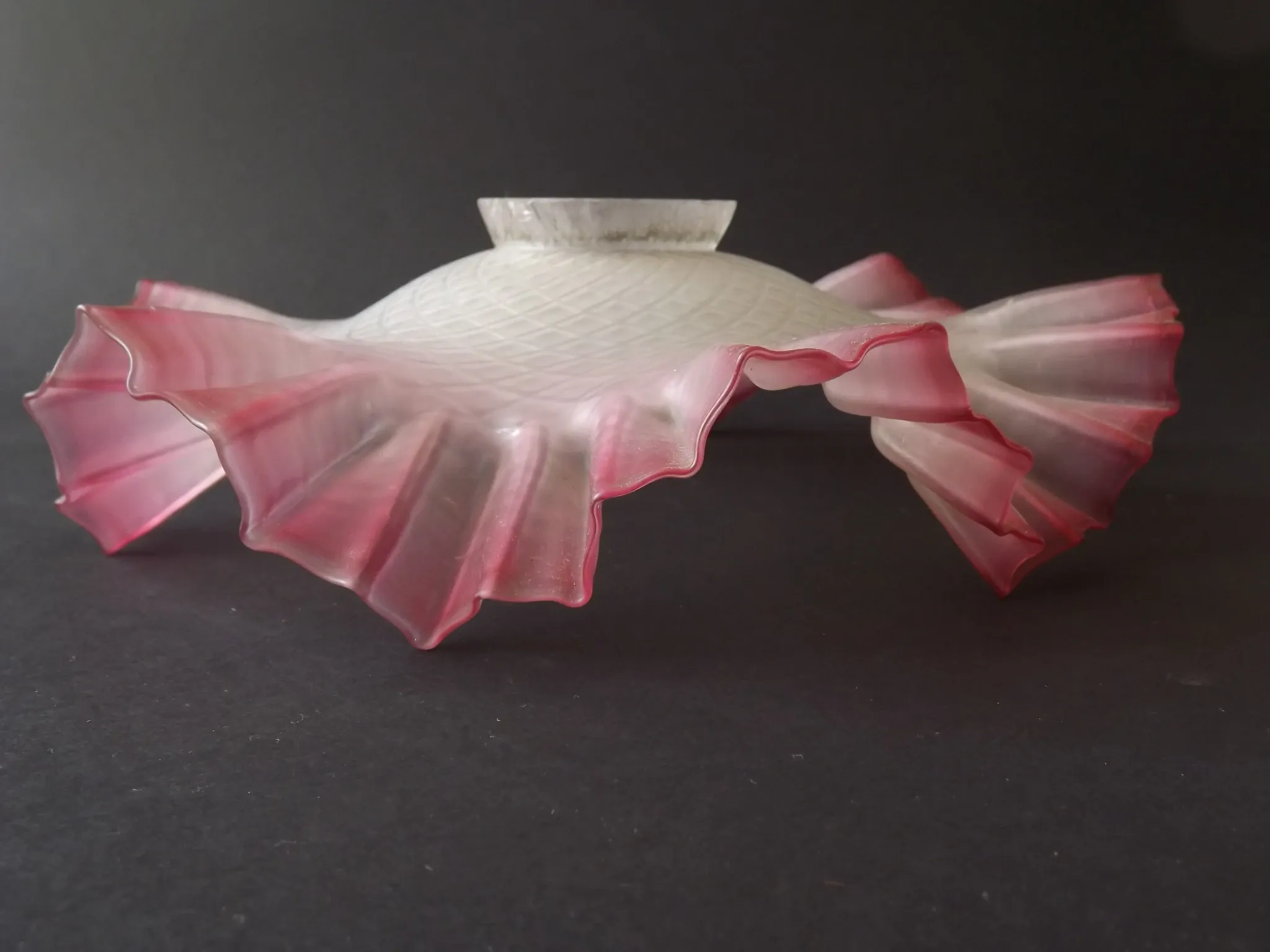 French Vintage 1930s Patterned Pink And White Frilled Glass Shade