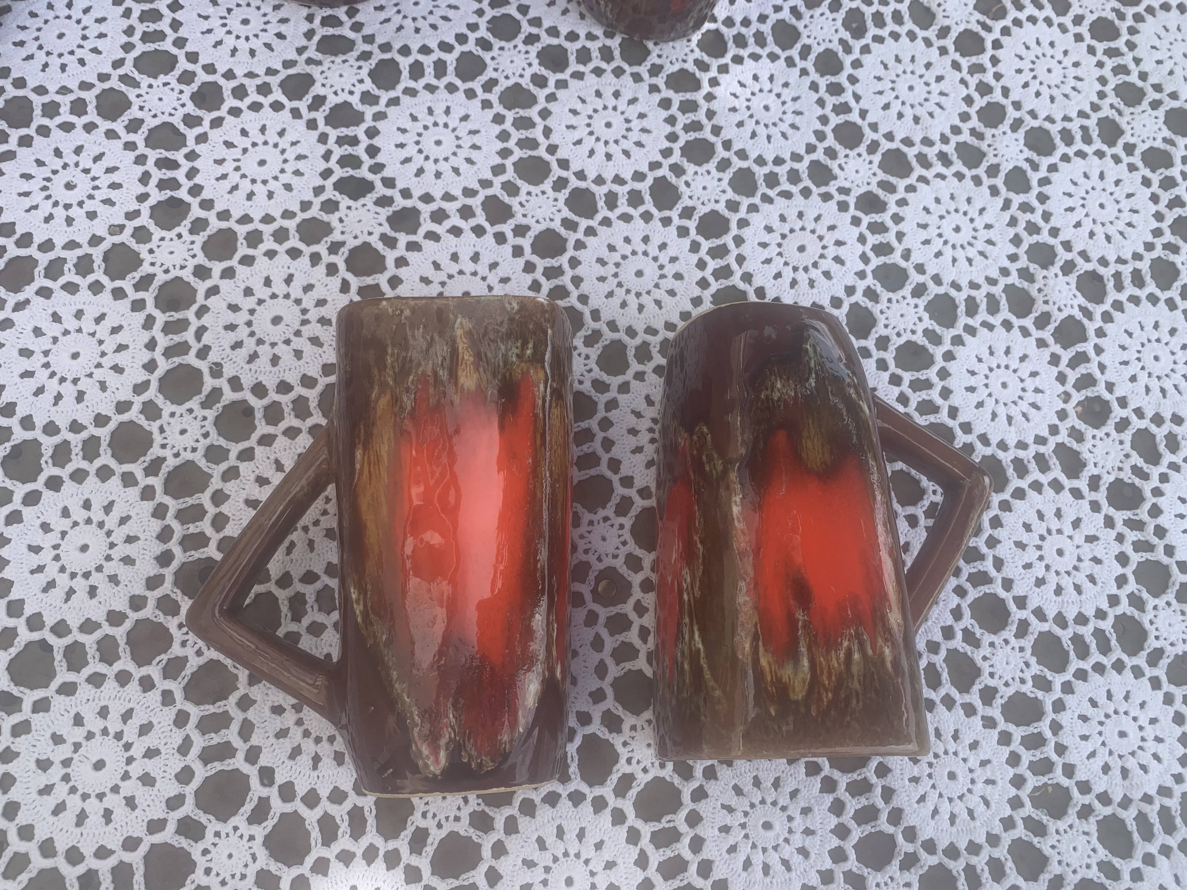 6 enamelled ceramic mugs, red and brown, Vallauris, vintage and designer