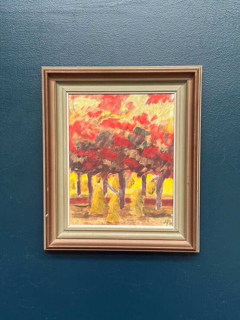 Huile sur panneau originale suédoise "Forêt", signée, vintage et encadrée.