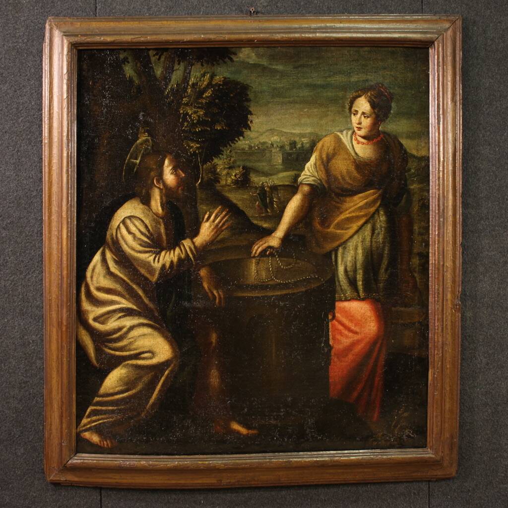 Peinture italienne antique Le Christ et la Samaritaine au puits