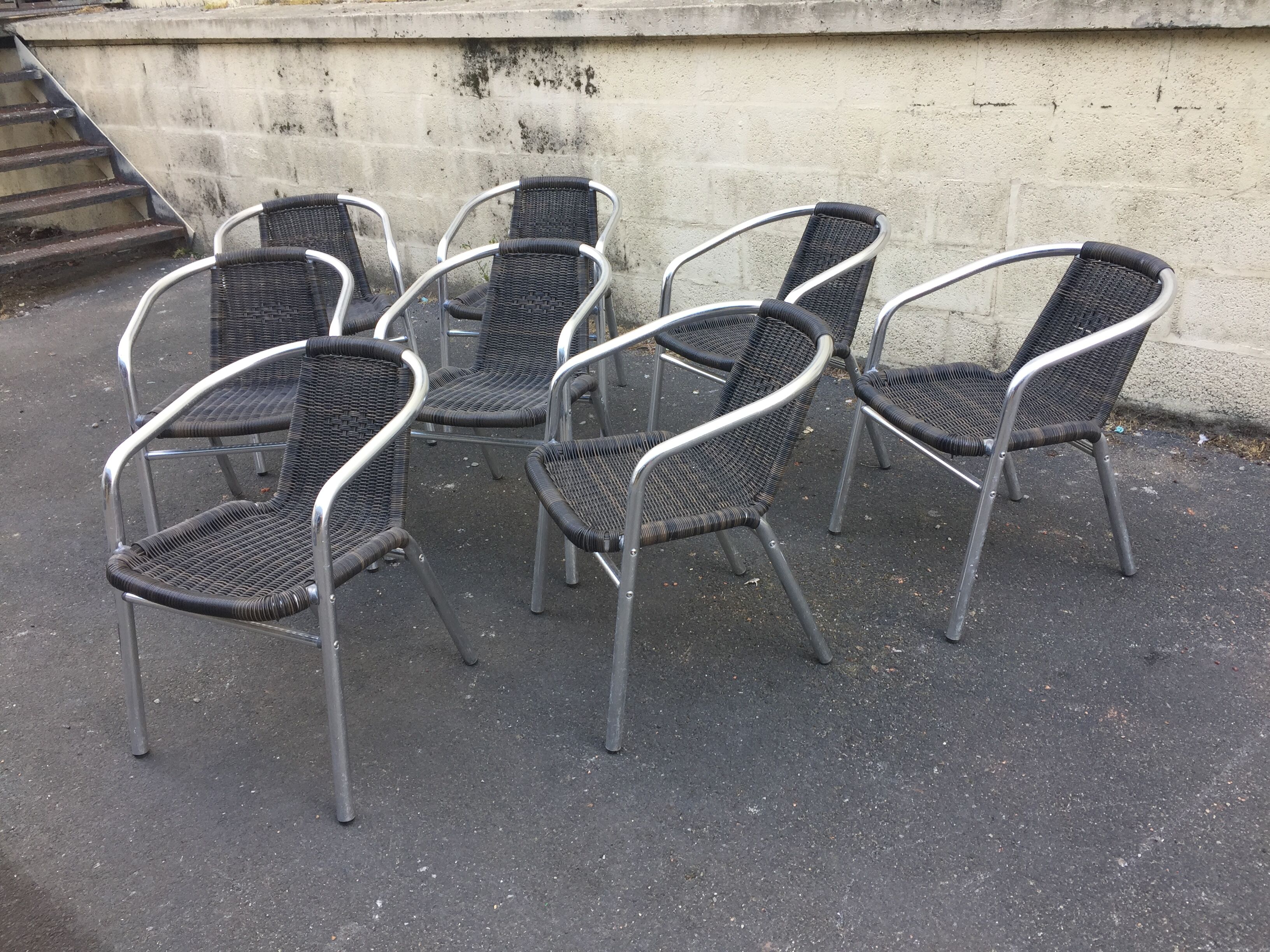 Eight Roland Vlaemynck aluminum coffee terrace armchairs (stackable)