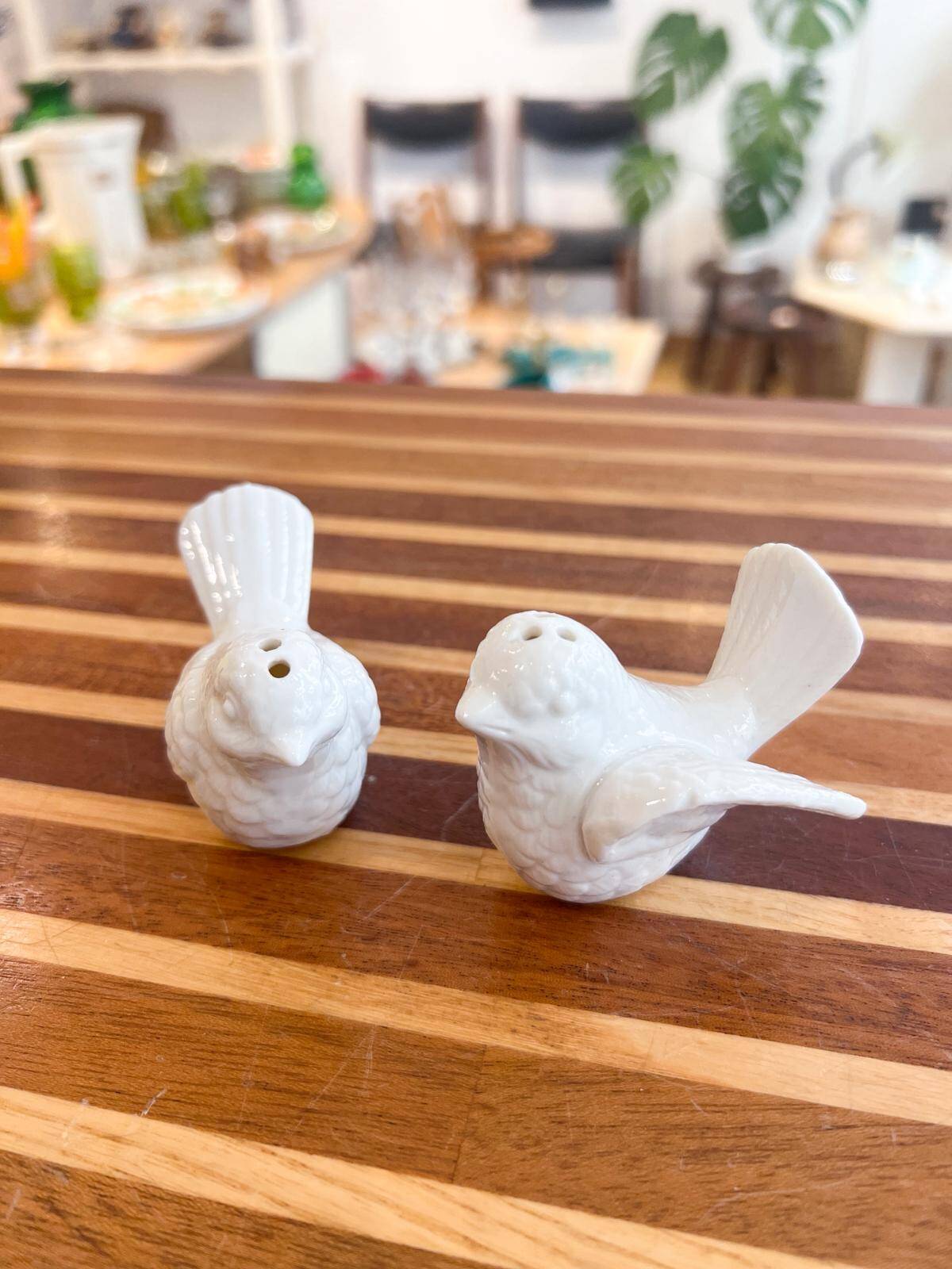 Salière et poivrière en porcelaine motif oiseaux