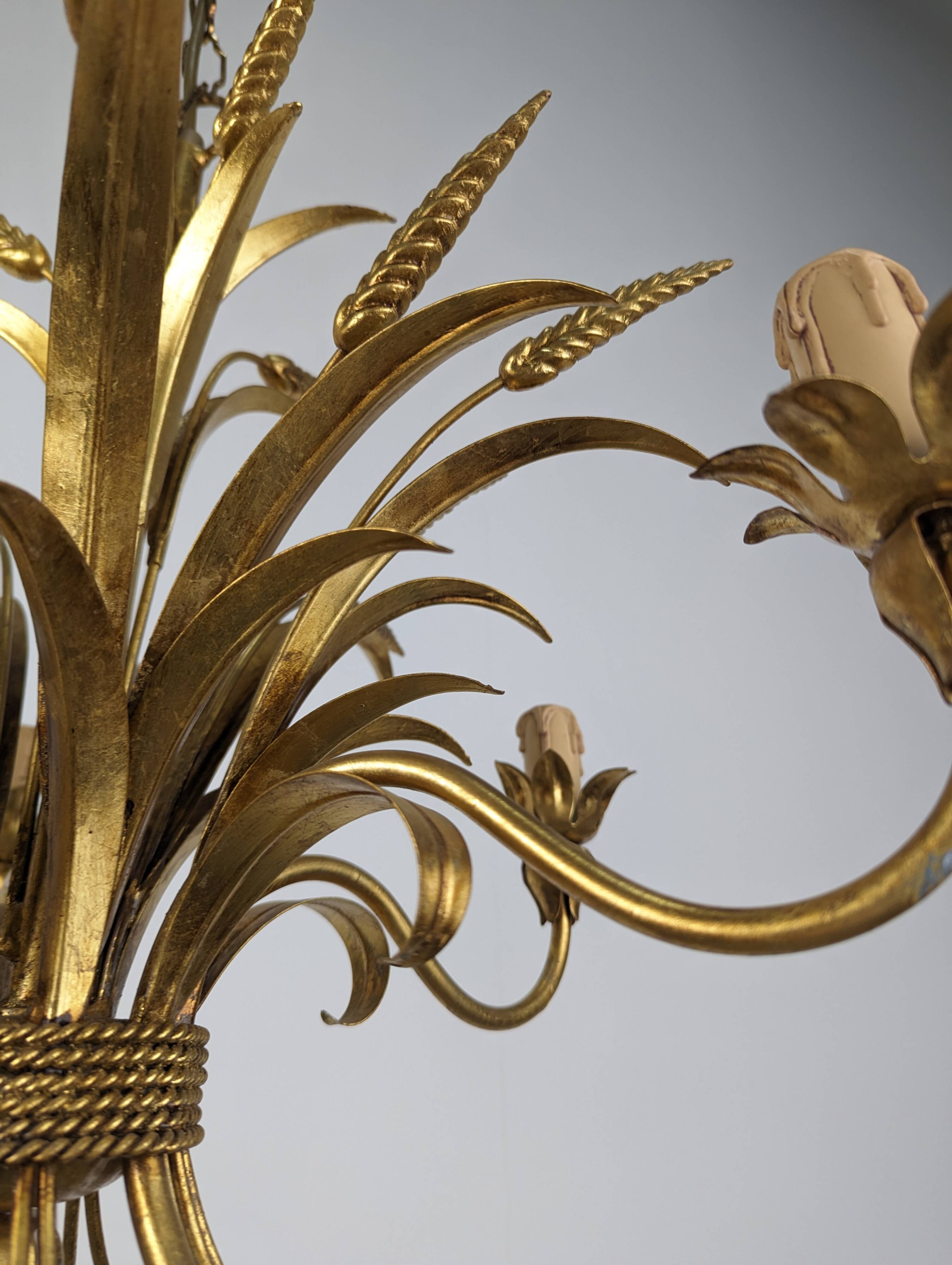 Italian Chandelier Pendant Lamp, Gilt Metal, 1970s